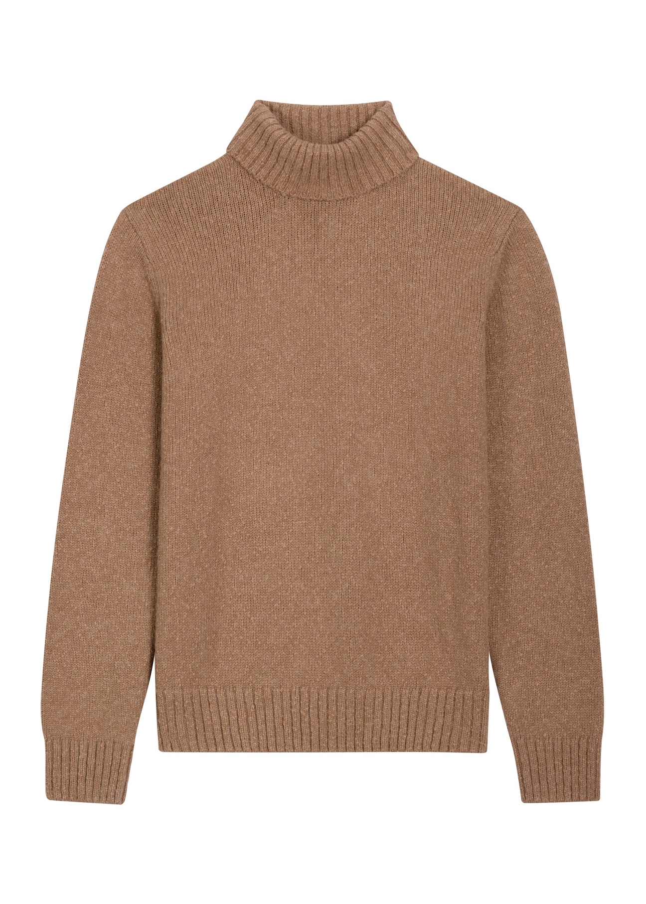 Męski sweter z golfem w kolorze camelowym SWEMT-0209-1D(Z26), widok produktu z przodu na białym tle.
