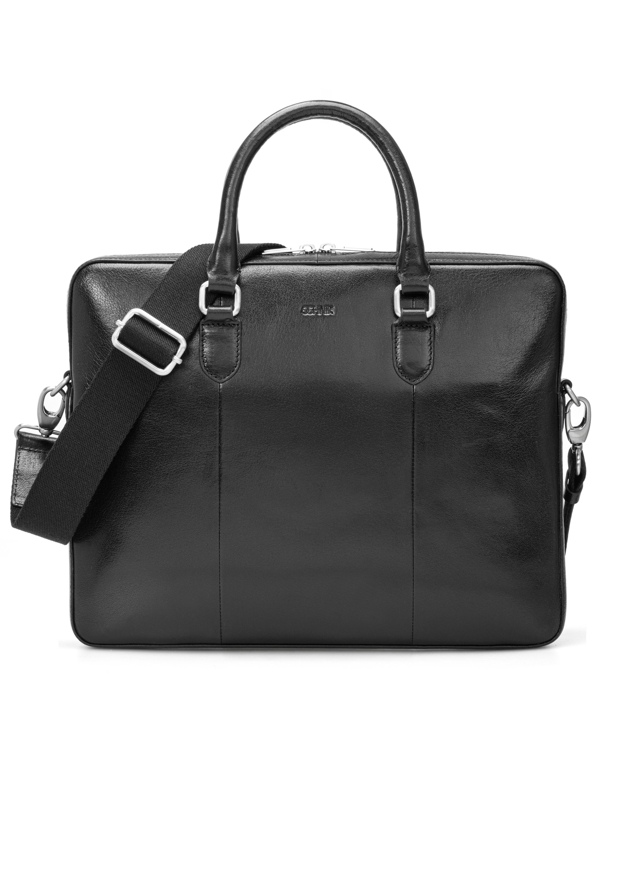Czarna skórzana męska torba na laptopa TORMS-0506-99(W26) - widok produktu z przodu, na białym tle. 