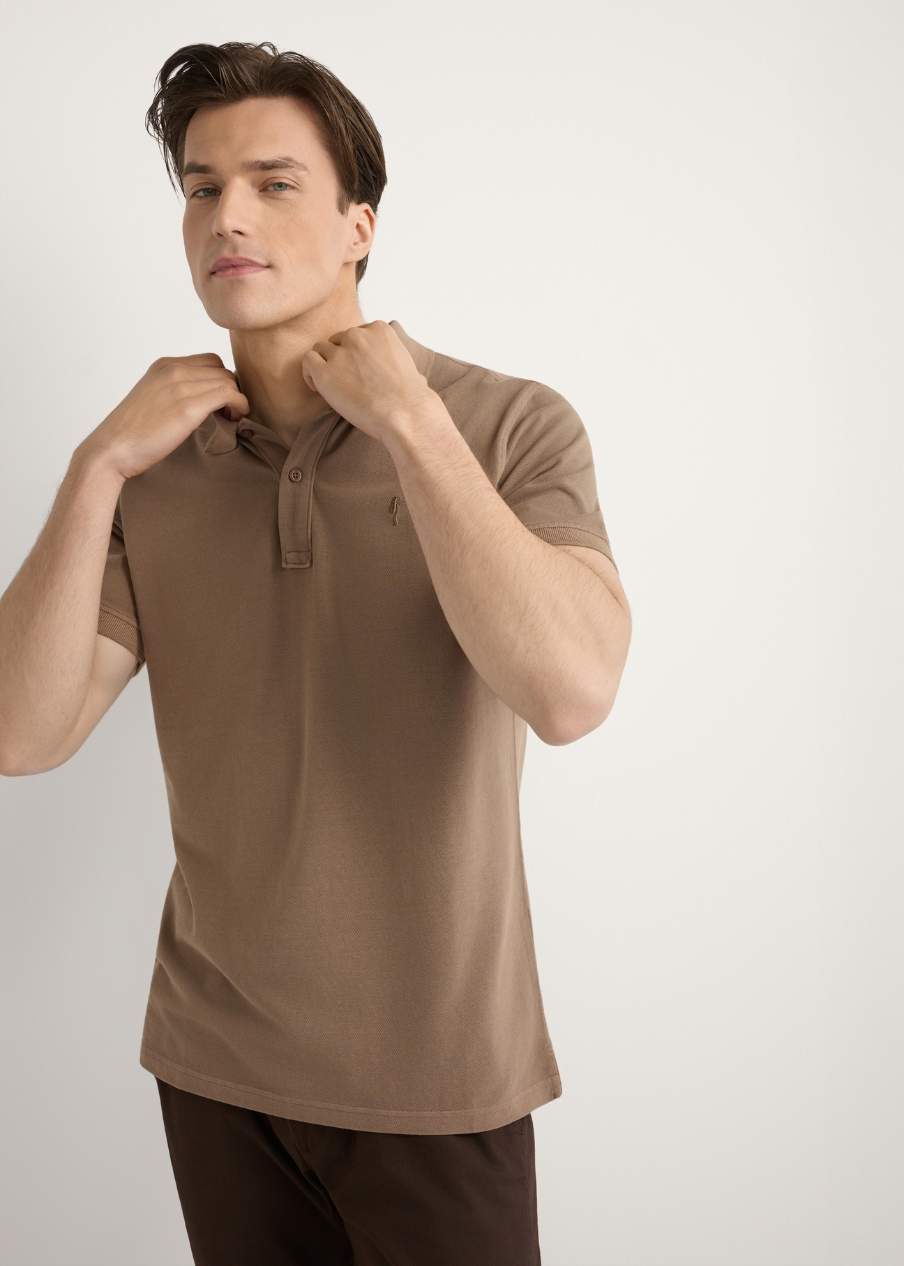 Męska koszulka polo w kolorze camelu POLMT-0055A-1D(W26), widok produktu z przodu na modelu. Widoczna połowa sylwetki.