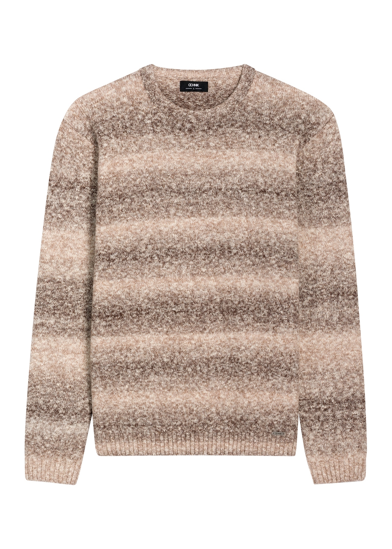 Brązowy sweter męski w paski SWEMT-0219-1I(Z26), widok produktu z przodu na białym tle.