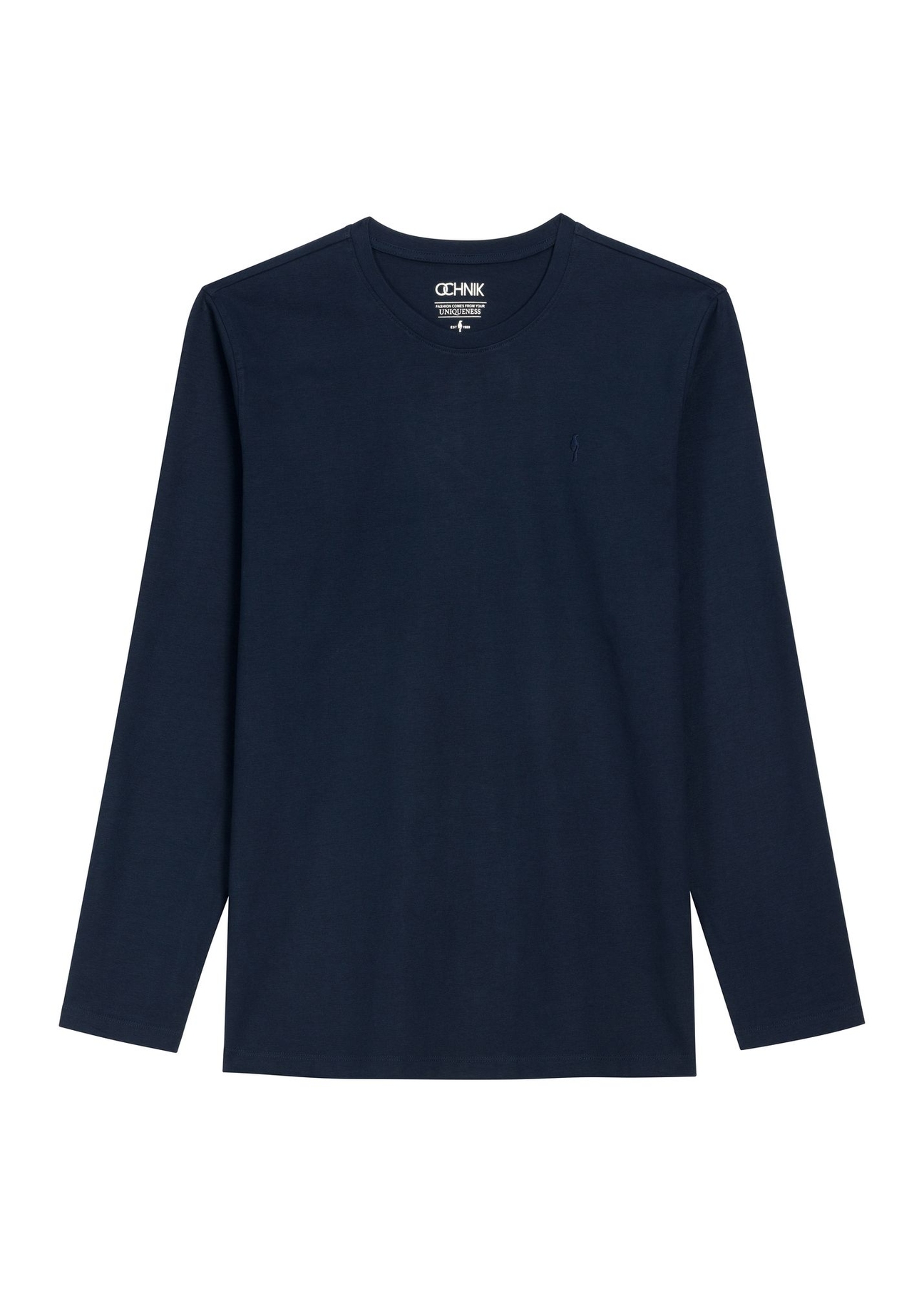 Ciemnogranatowy bawełniany longsleeve męski LSLMT-0013-7E(Z26) - widok produktu z przodu, na białym tle. 