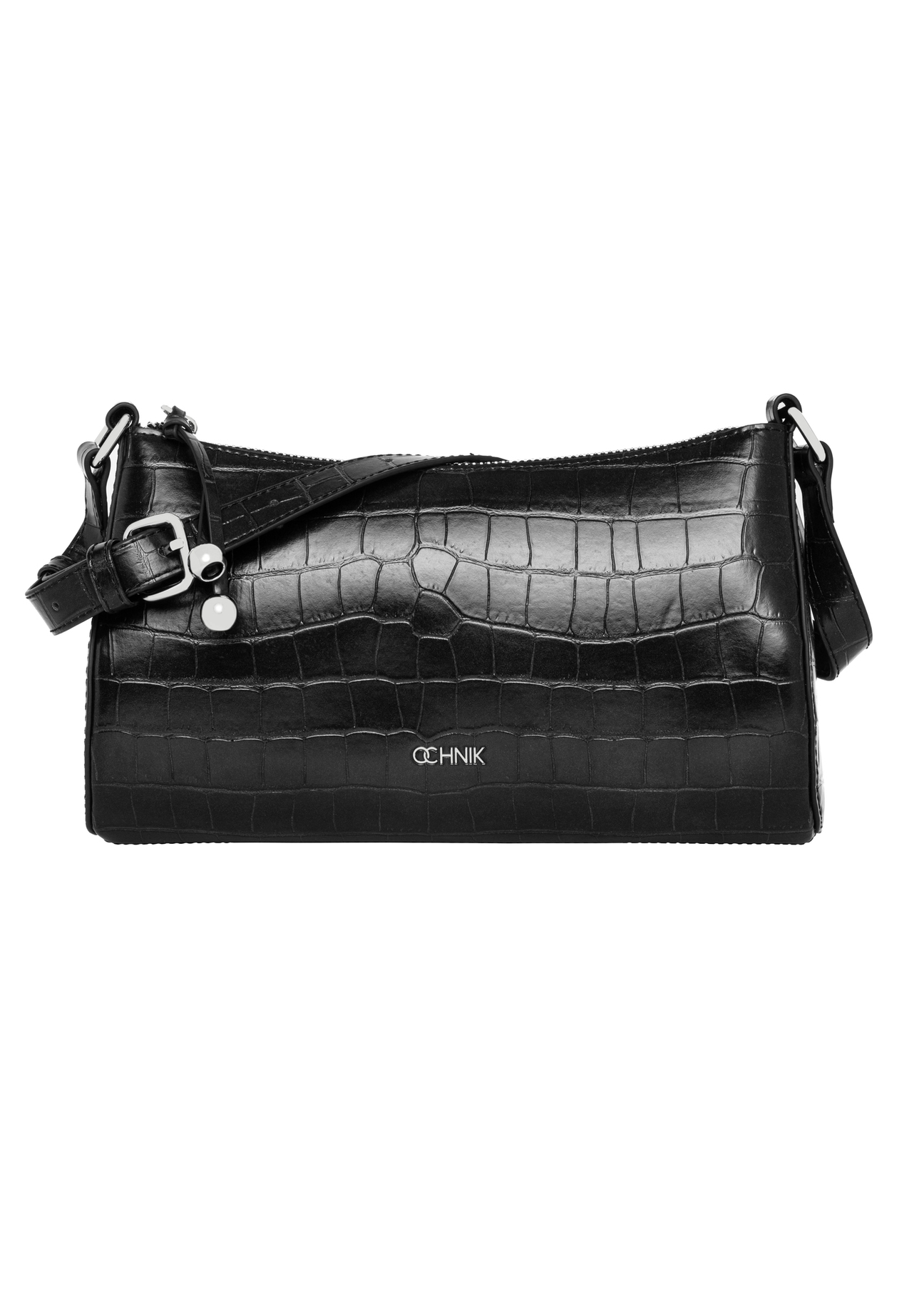 Czarna torebka damska croco TOREC-1286-9G(Z26), widok produktu od przodu na białym tle.