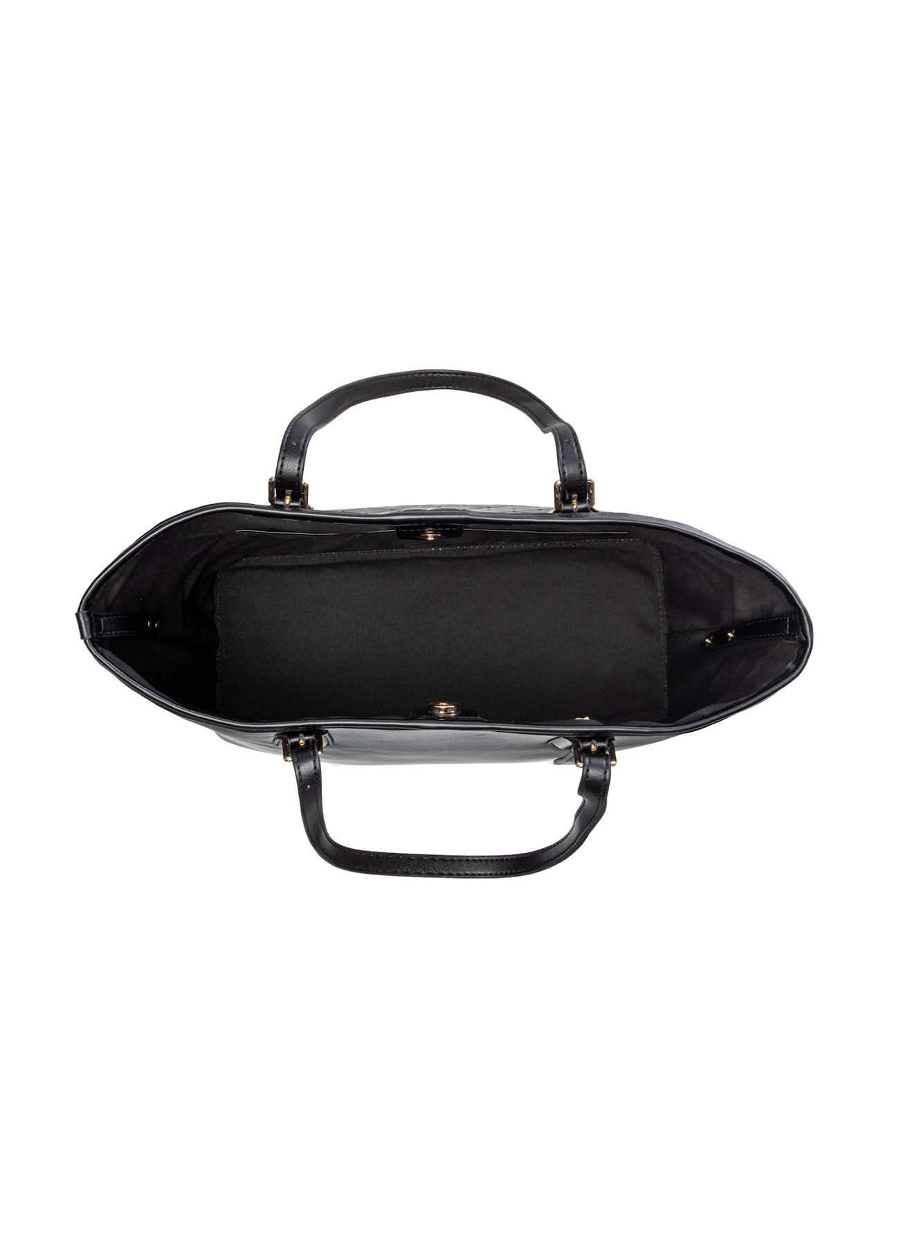 Czarna torebka shopper z monogramem TOREC-1181-9P(W26), widok produktu w środku na białym tle.