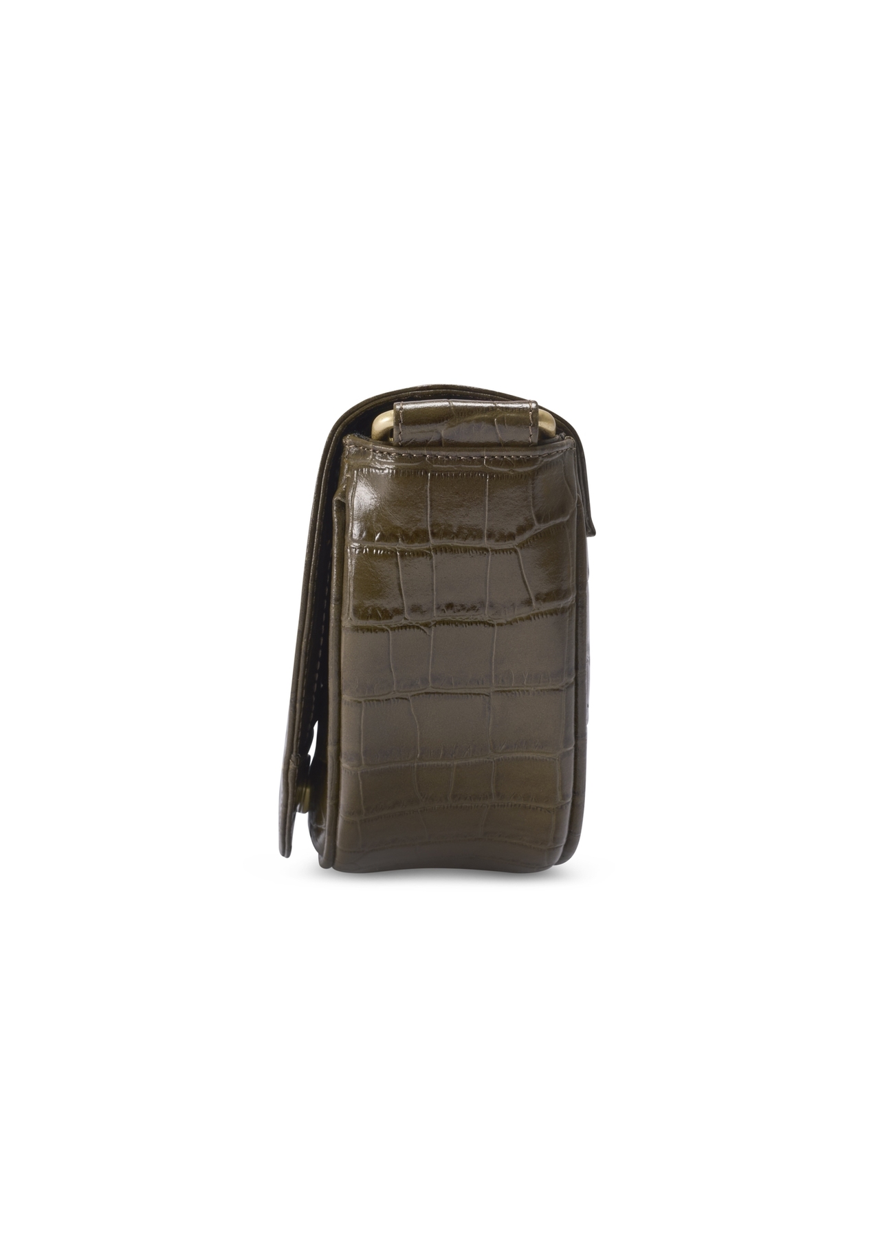 Półokrągła torebka damska croco khaki TORES-1328-8D(Z26) - widok produktu z boku, na jasnym tle. 