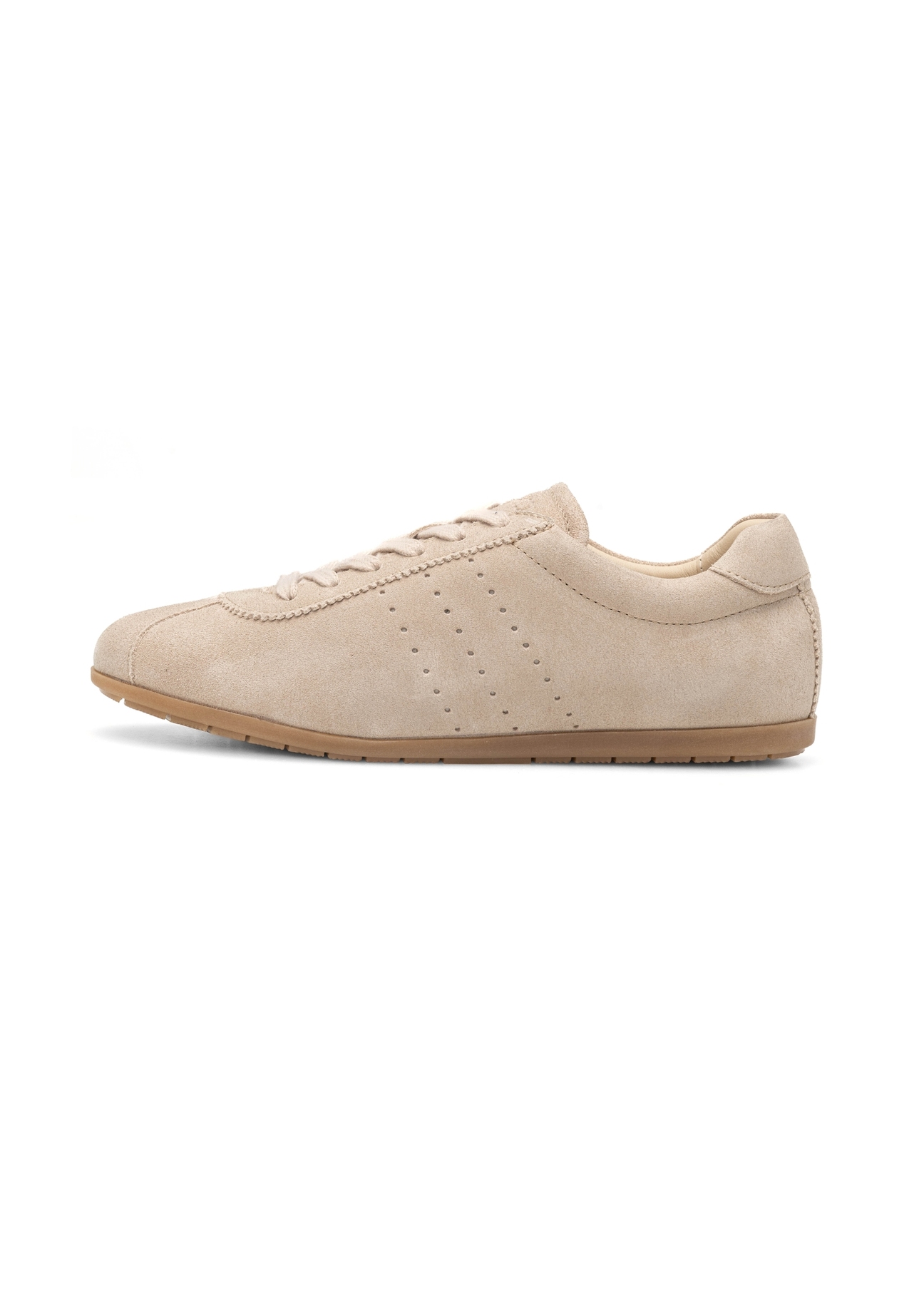 Beżowe zamszowe buty damskie BUTYD-1261-1A(W26), widok produktu z boku na białym tle.