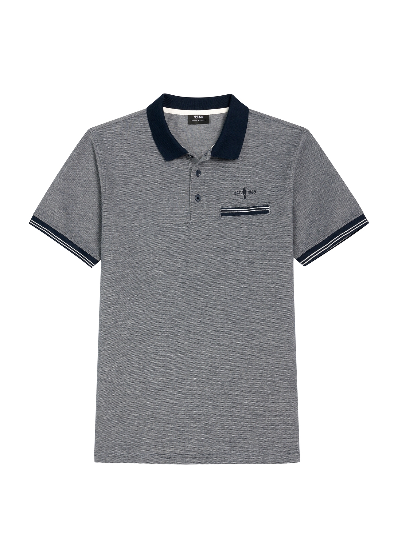 Granatowa koszulka polo męska POLMT-0068-7E(W26) - widok produktu z przodu, na białym tle. 