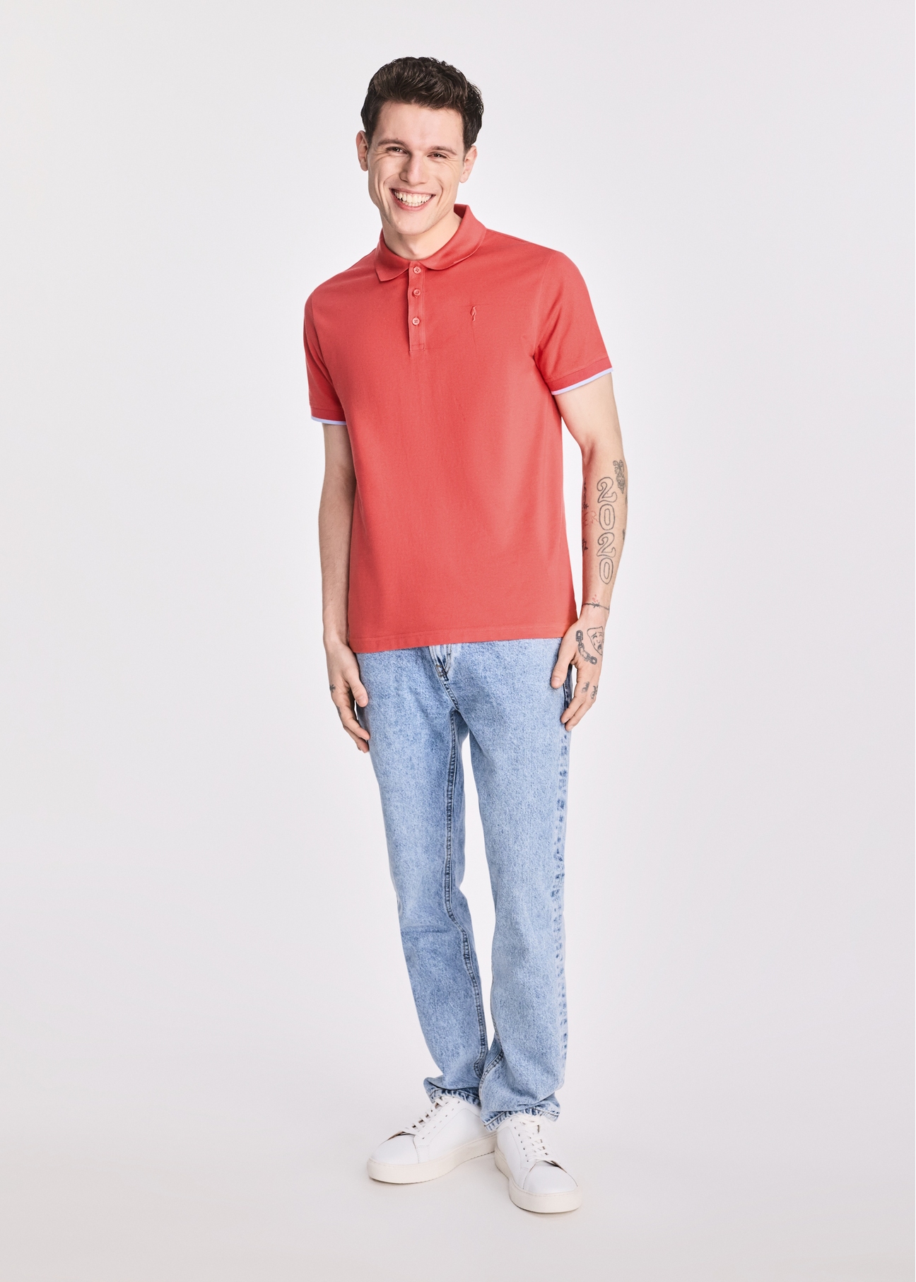 Koralowa koszulka polo męska z bawełny POLMT-0045B-18(W25)-01