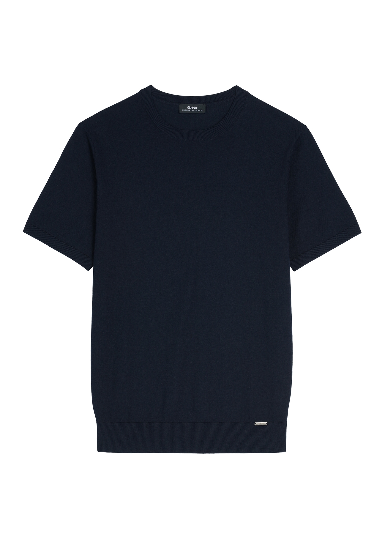 Granatowy T-shirt męski z jedwabiem TSHMT-0138-7E(W26), widok produktu z przodu na białym tle.