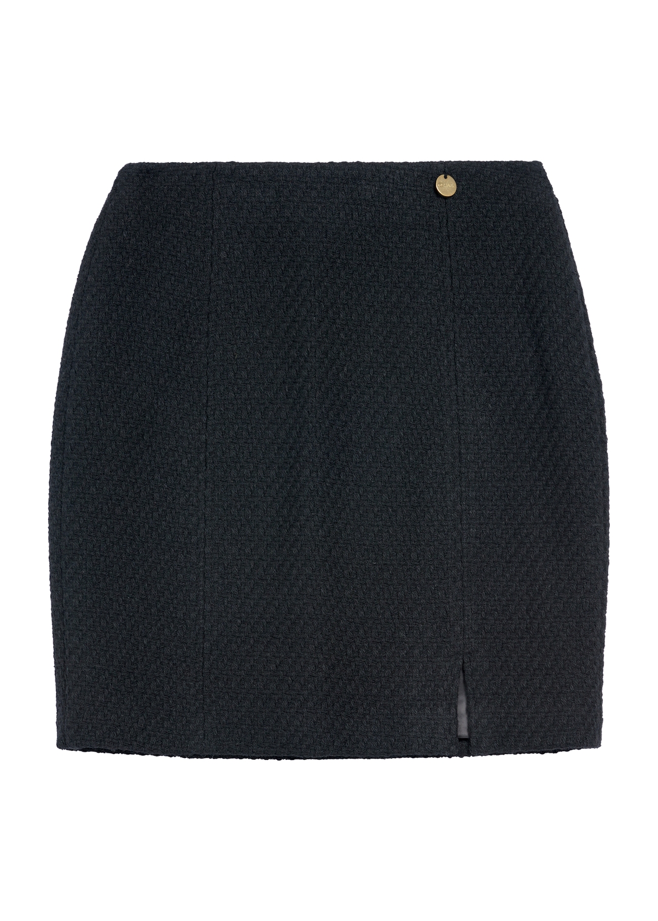 Czarna spódnica damska mini SPCDT-0115-99(Z25), widok produktu od przodu na białym tle.