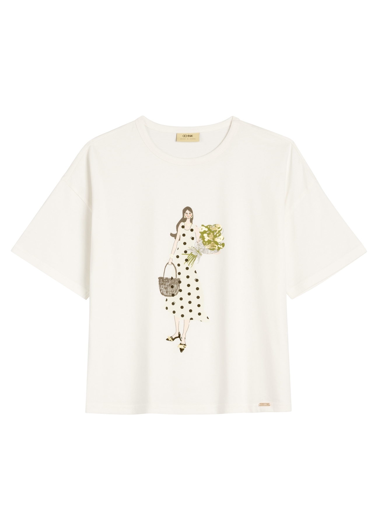 Kremowy T-shirt damski z nadrukiem TSHDT-0161-0B(W26), widok produktu z przodu na białym tle.