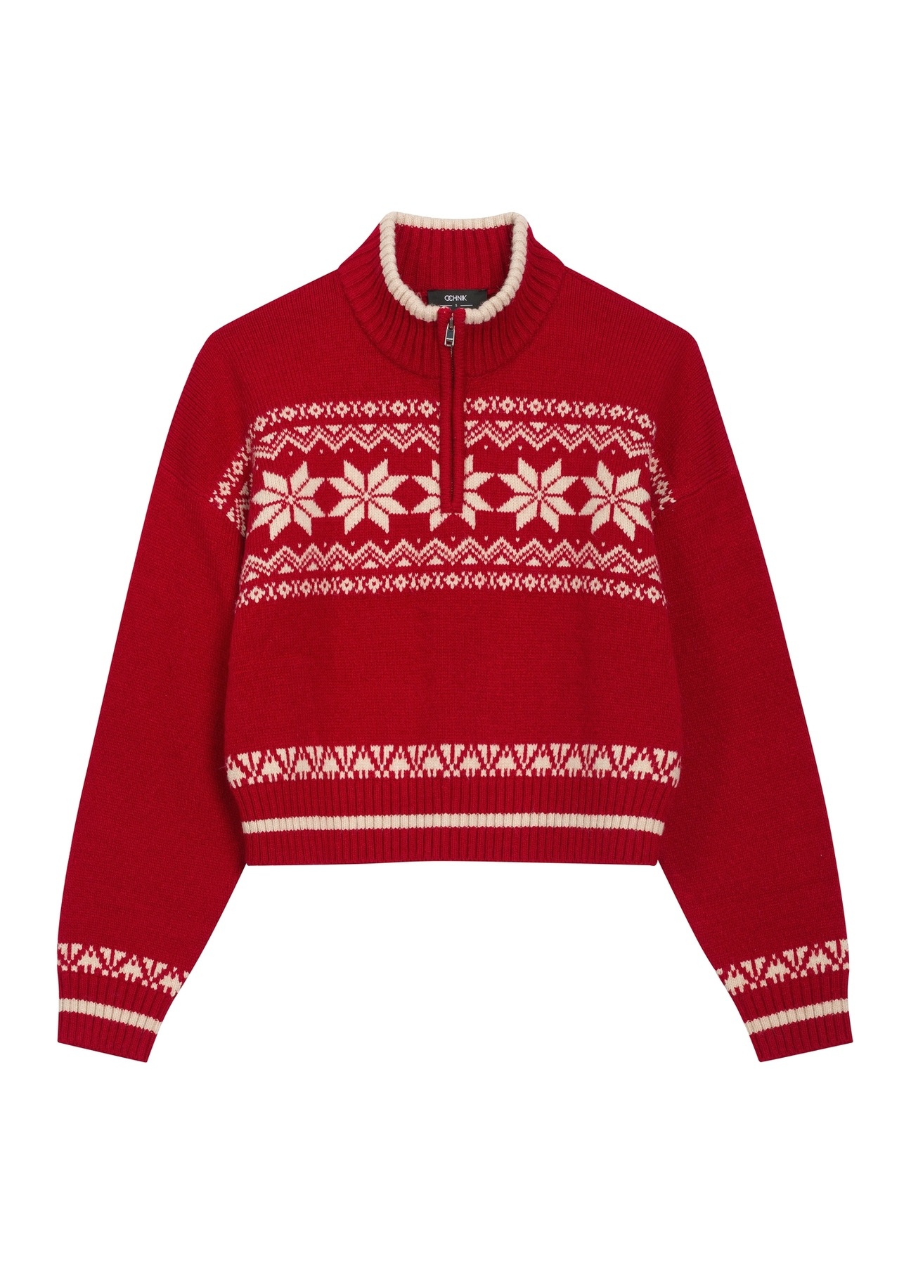Czerwony sweter damski z norweskim wzorem SWEDT-0273-4B(Z26), widok produktu z przodu na białym tle.