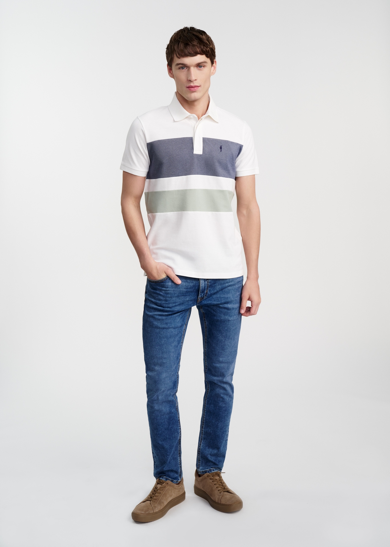 Kremowa koszulka polo męska w pasy POLMT-0074-12(W25)