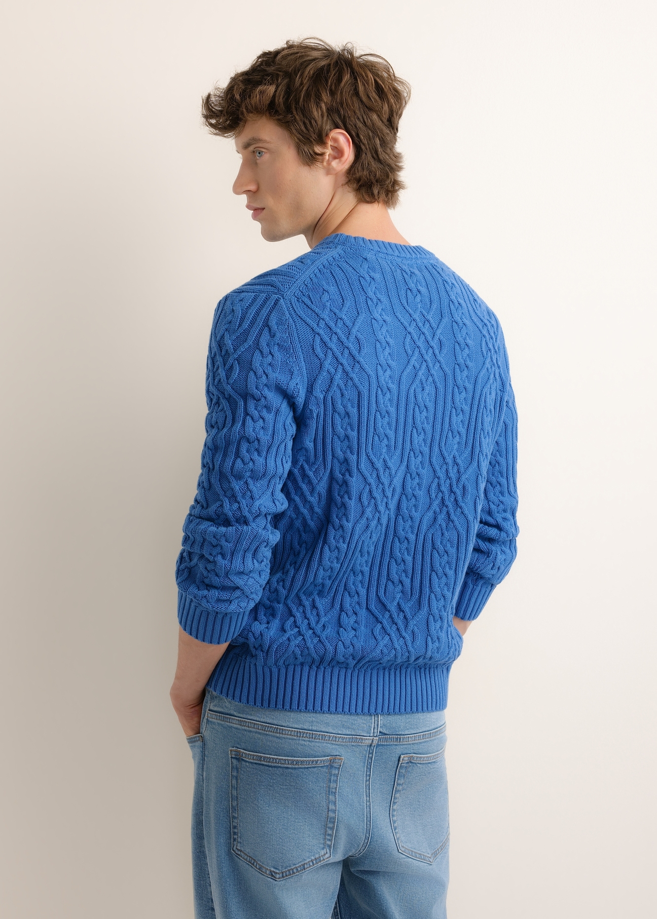 Ciemnoniebieski sweter męski z ozdobnym splotem SWEMT-0205-7C(Z26), widok produktu z tyłu na modelu. Widoczna połowa sylwetki.