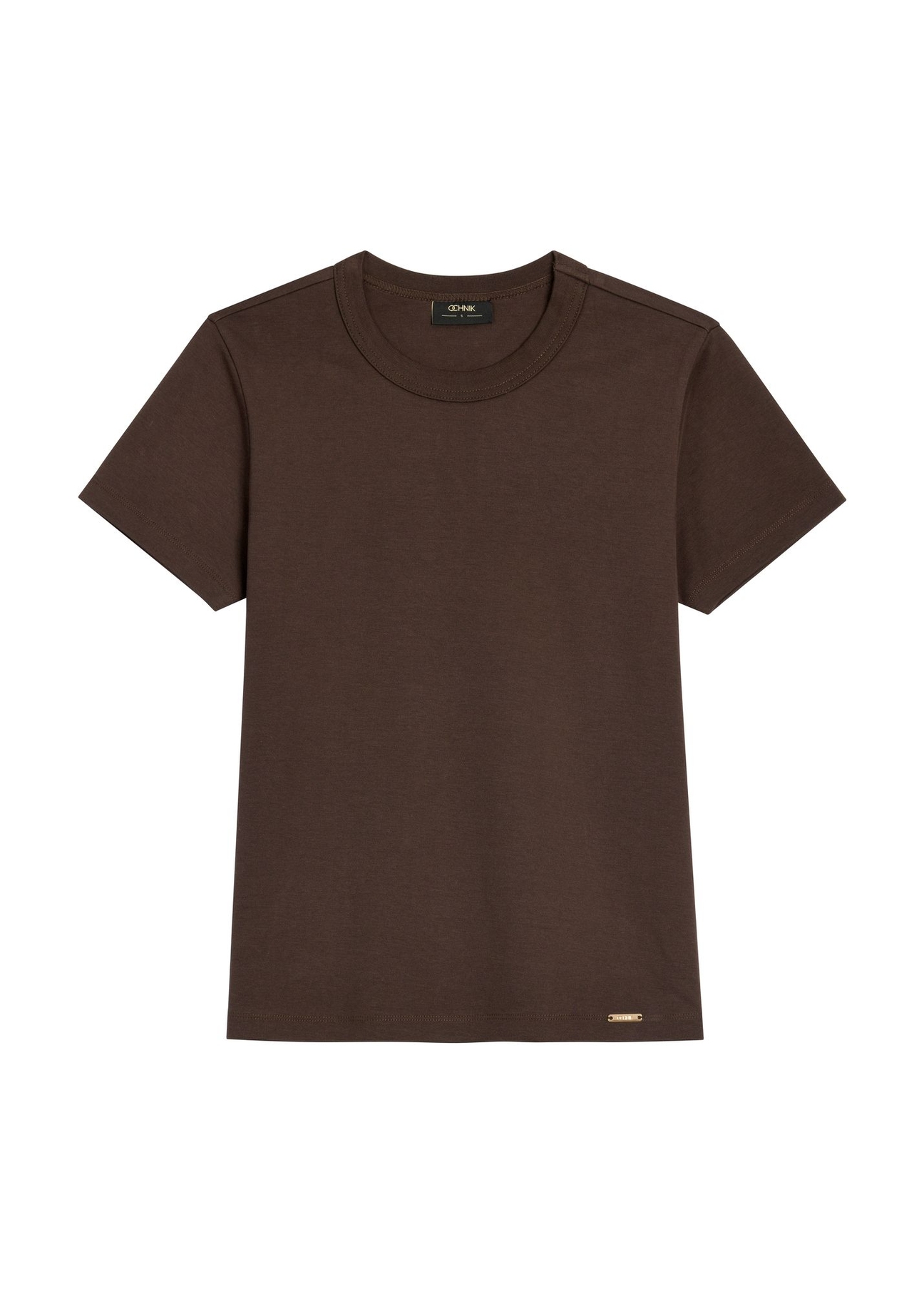 Ciemnobrązowy bawełniany T-shirt damski TSHDT-0144-1I(Z26) - widok produktu z przodu, na białym tle. 