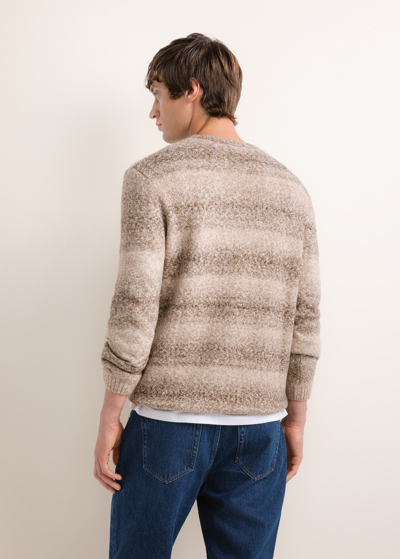 Brązowy sweter męski w paski SWEMT-0219-1I(Z26), widok produktu z tyłu na modelu. Widoczna połowa sylwetki.