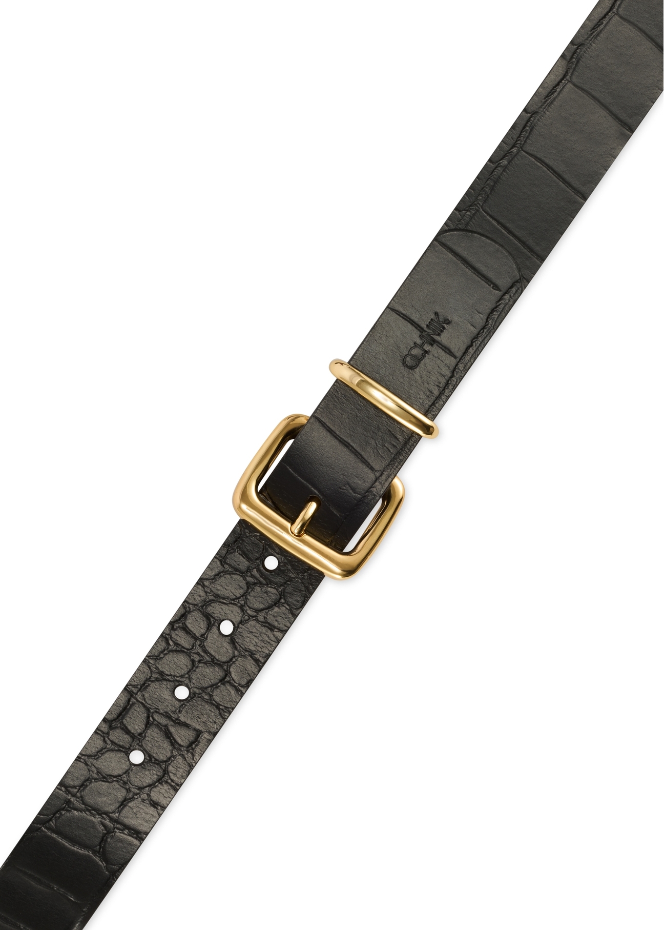 Czarny skórzany pasek damski croco PASDS-0312A-97(Z25), widok na zapięcie produktu na białym tle.