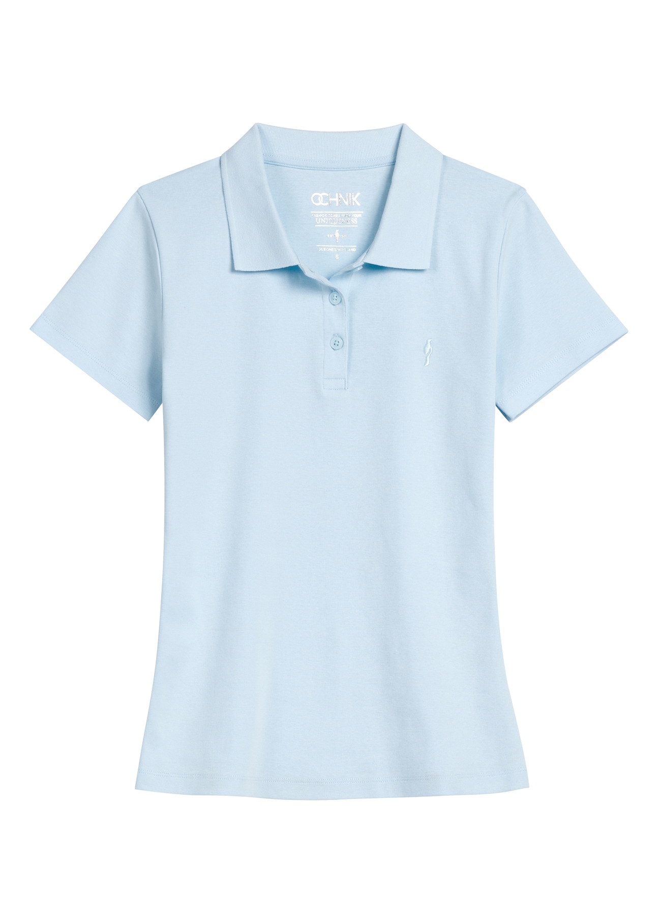 Jasnoniebieska koszulka polo damska POLDT-0006-7A(W26), widok produktu z przodu na białym tle.