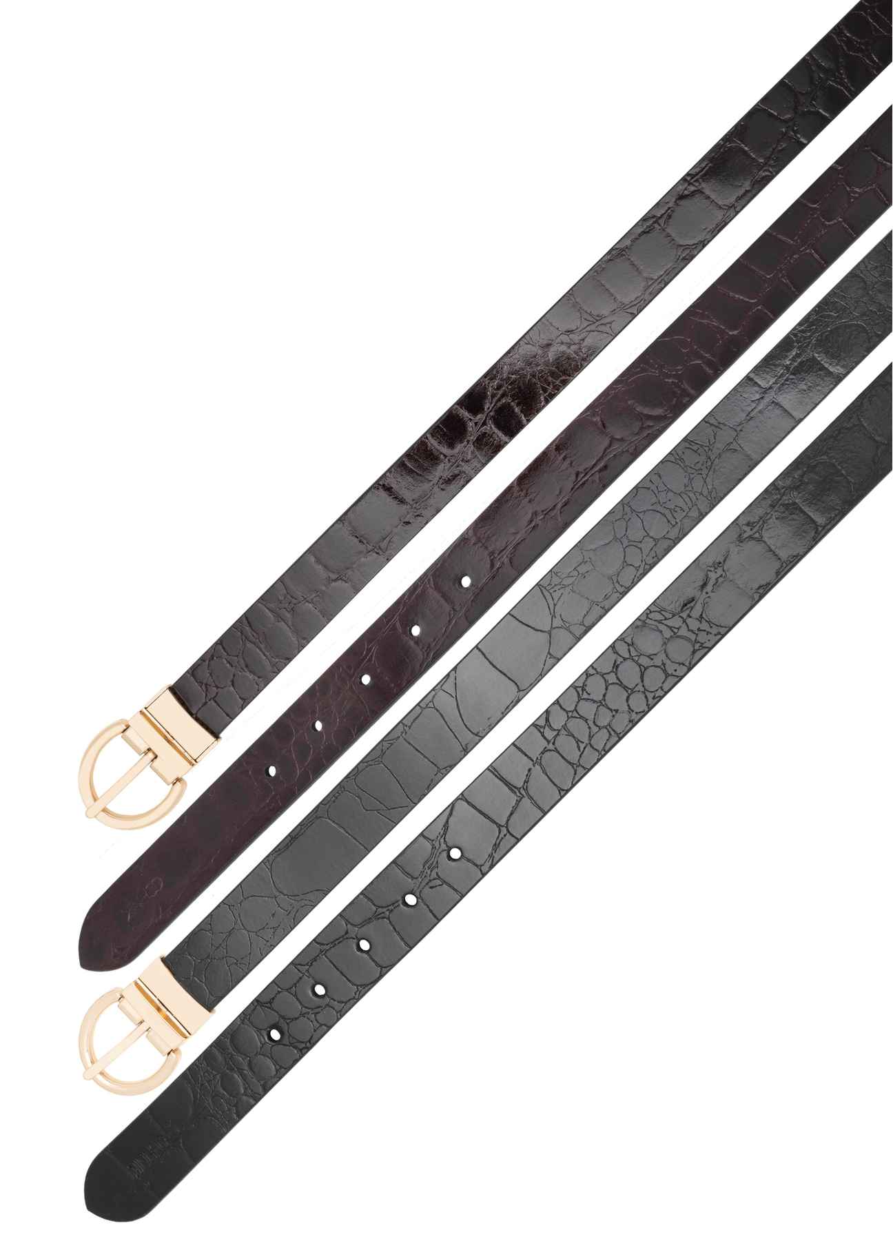 Dwustronny skórzany pasek damski croco PASDS-0332-49(Z25), widok na zapięcie produktu na białym tle.