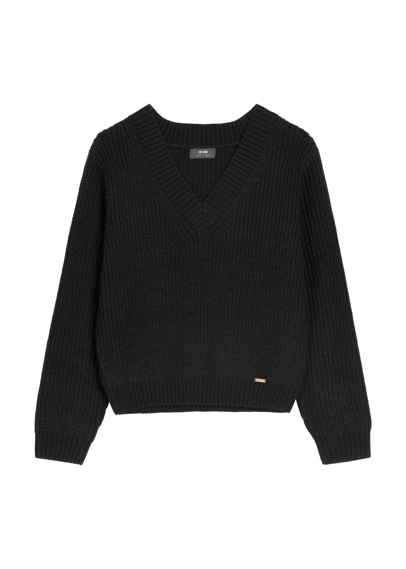 Czarny sweter dekolt V damski SWEDT-0162-99(Z25), widok produktu z przodu na białym tle.