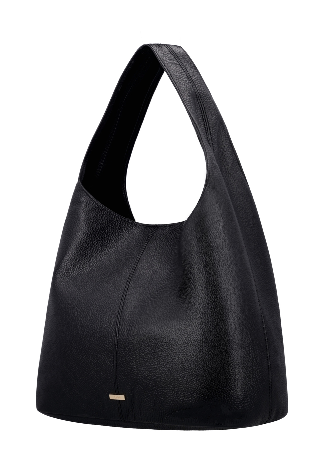 Czarna skórzana torebka shopper TORES-1372A-9I(Z26), widok produktu skosem na białym tle.
