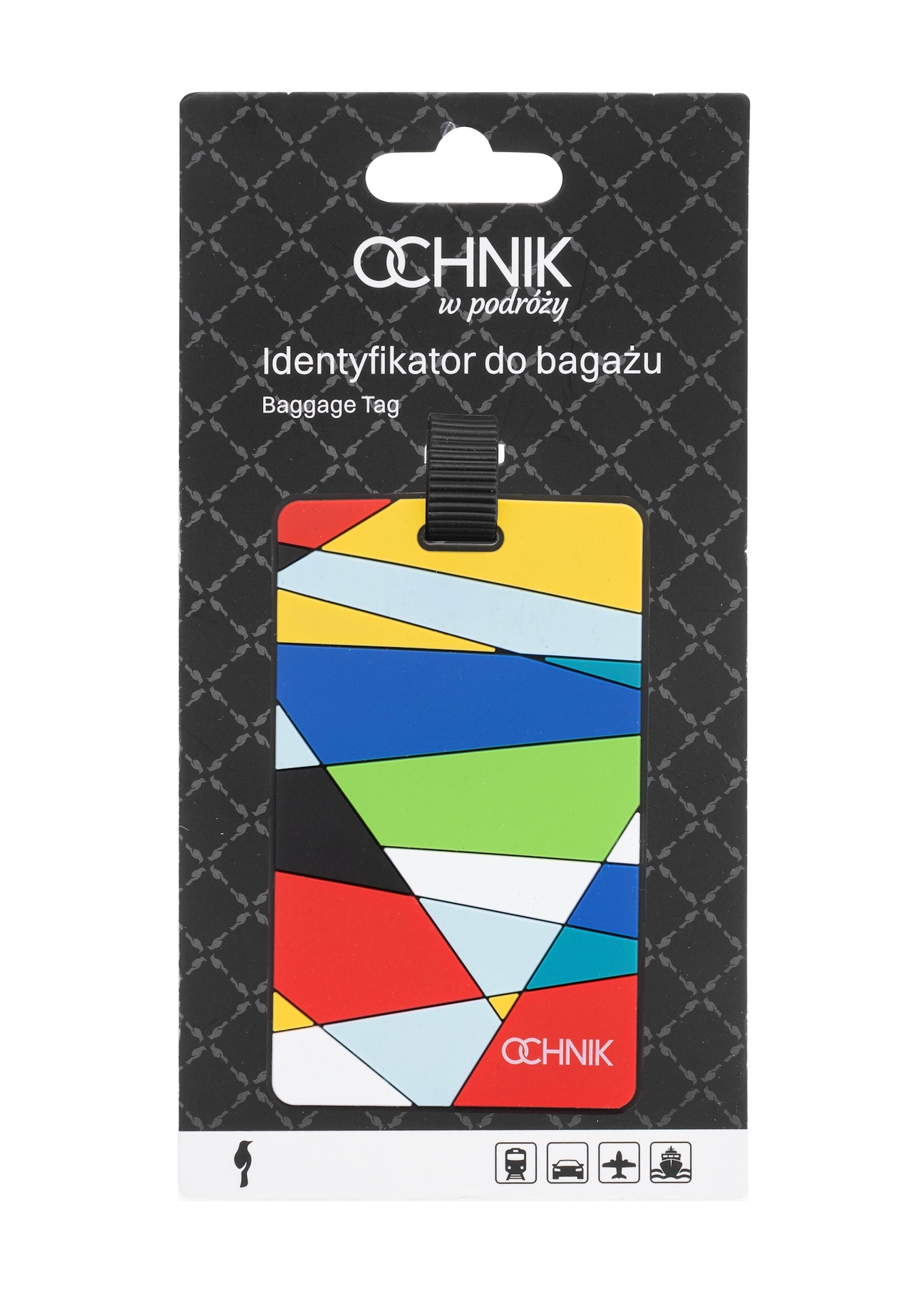 Identyfikator do bagażu AW-012-0005-15(W25), widok produktu z przodu w opakowaniu na białym tle. 