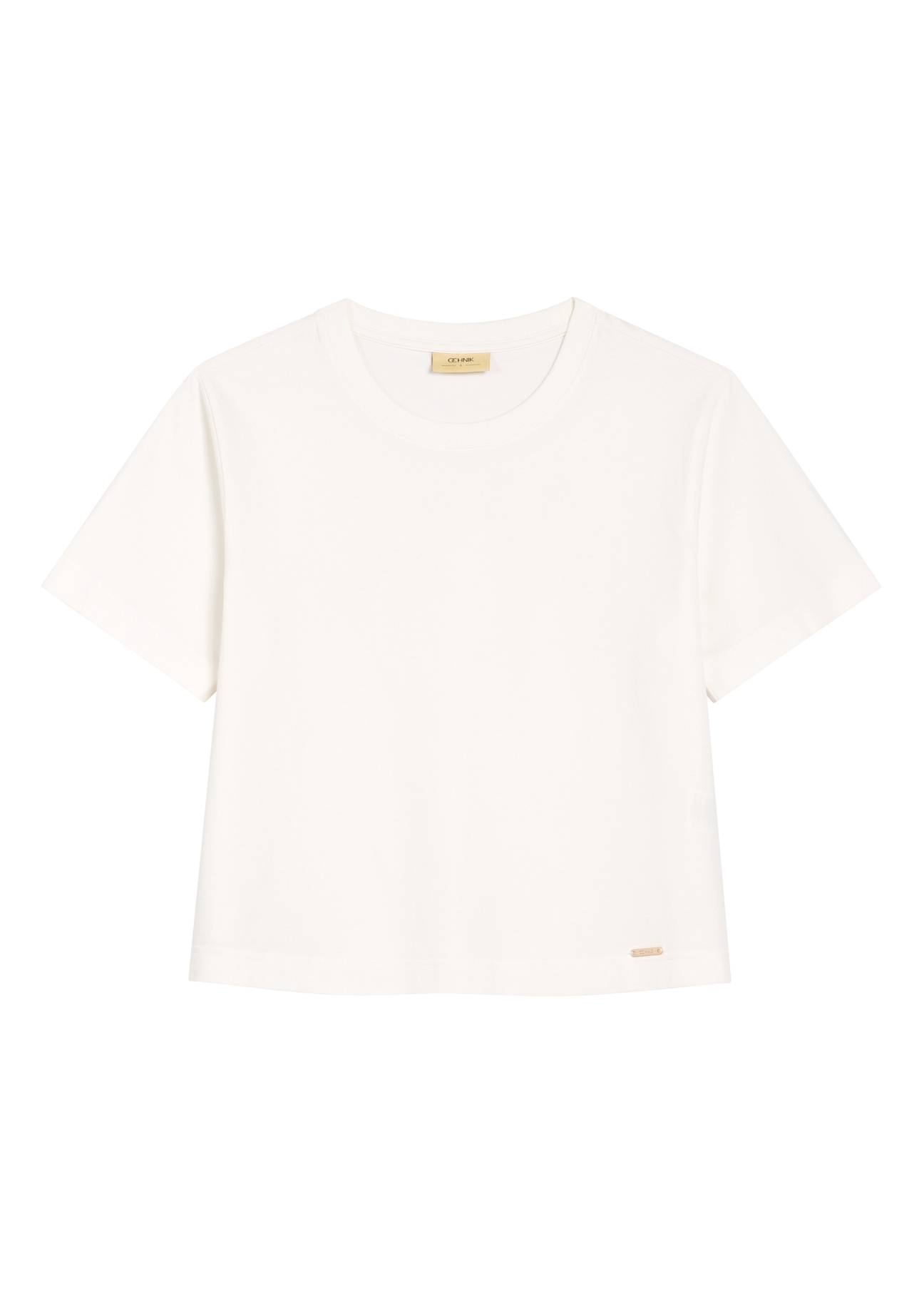 Bawełniany kremowy T-shirt damski TSHDT-0138-0B(W26) - widok produktu przodu, na białym tle. 