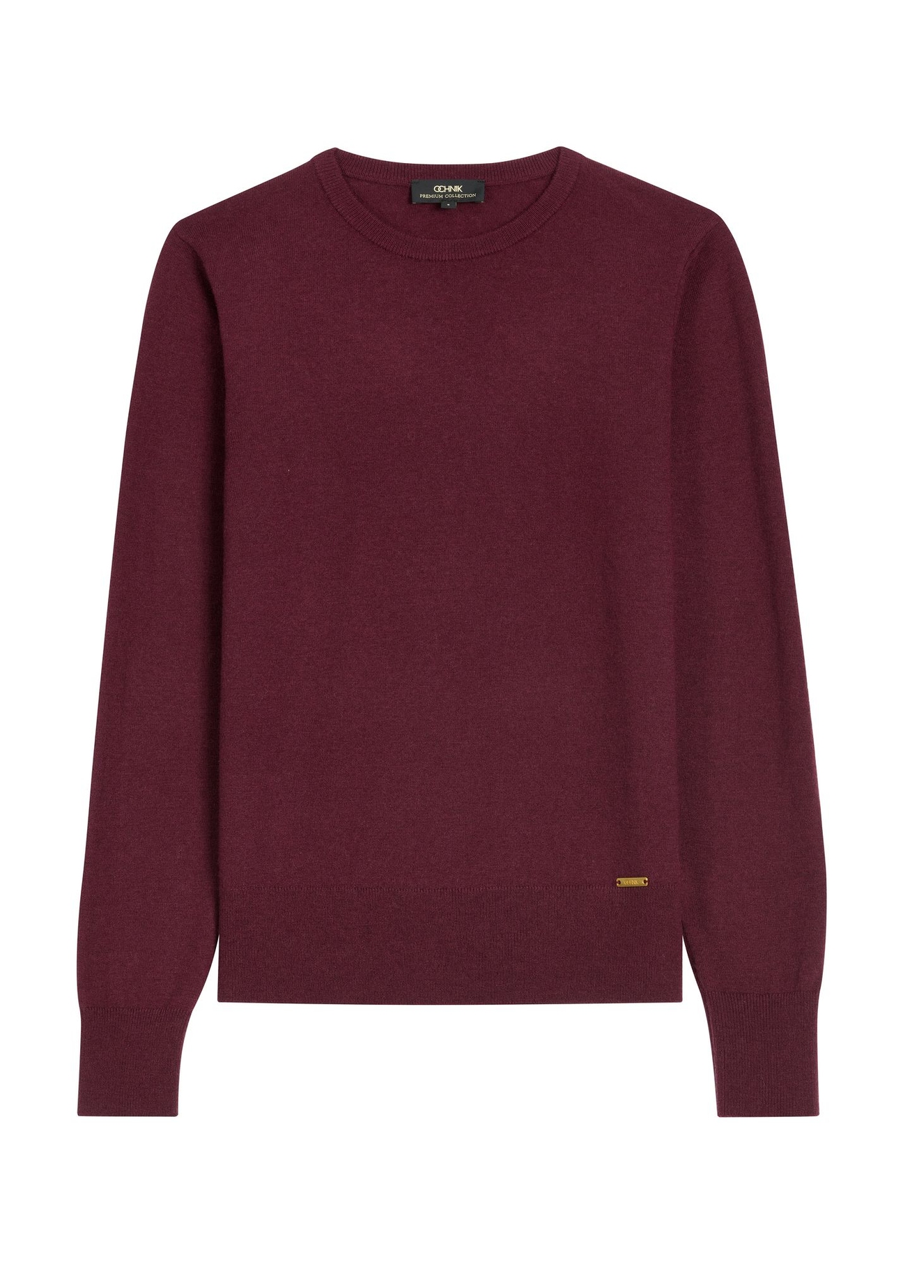 Wełniany sweter w kolorze bordowym SWEDT-0267-4D(Z26) - widok produktu z przodu, na białym tle. 