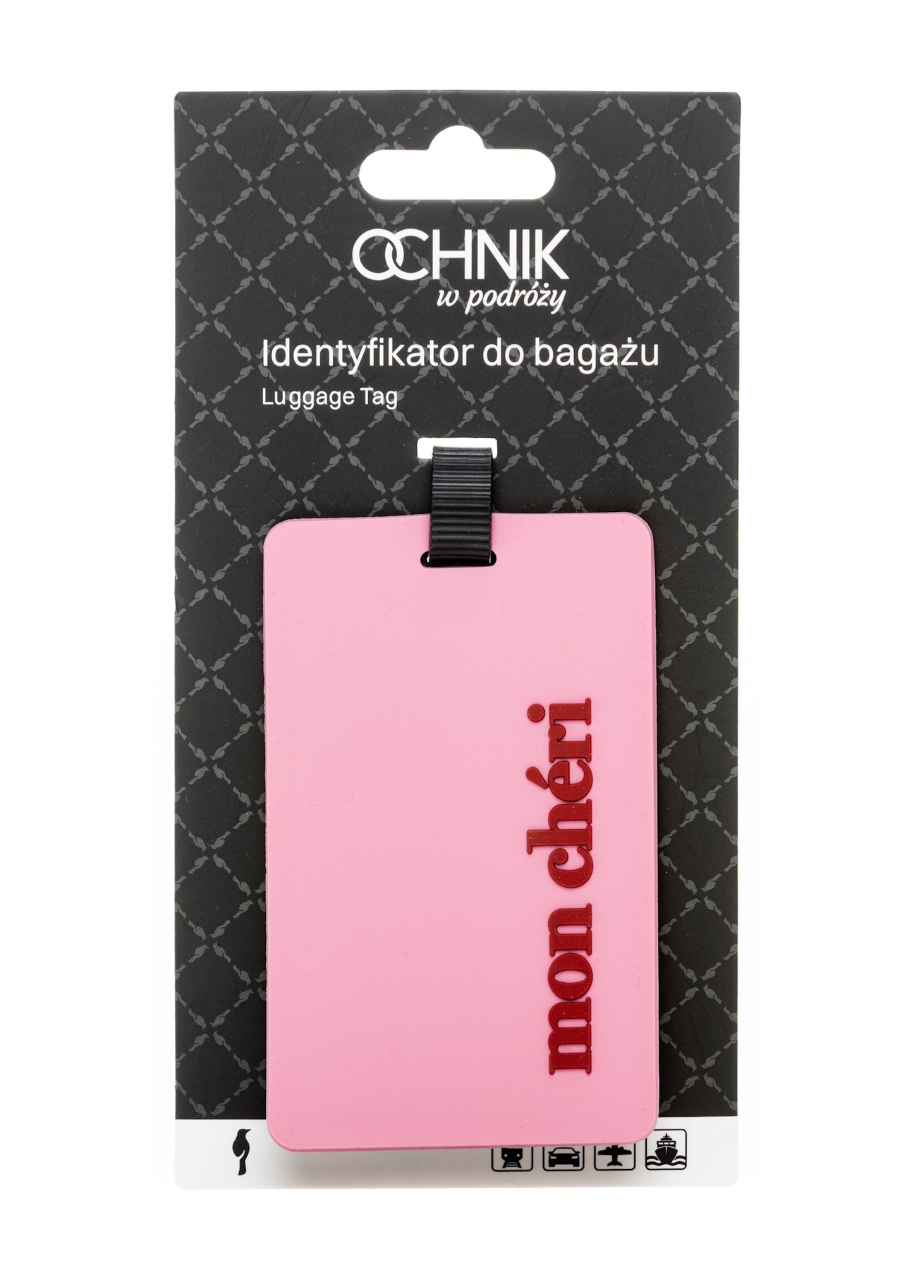 Identyfikator do bagażu AW-012-0015-5B(W26), widok produktu z opakowaniem na białym tle.