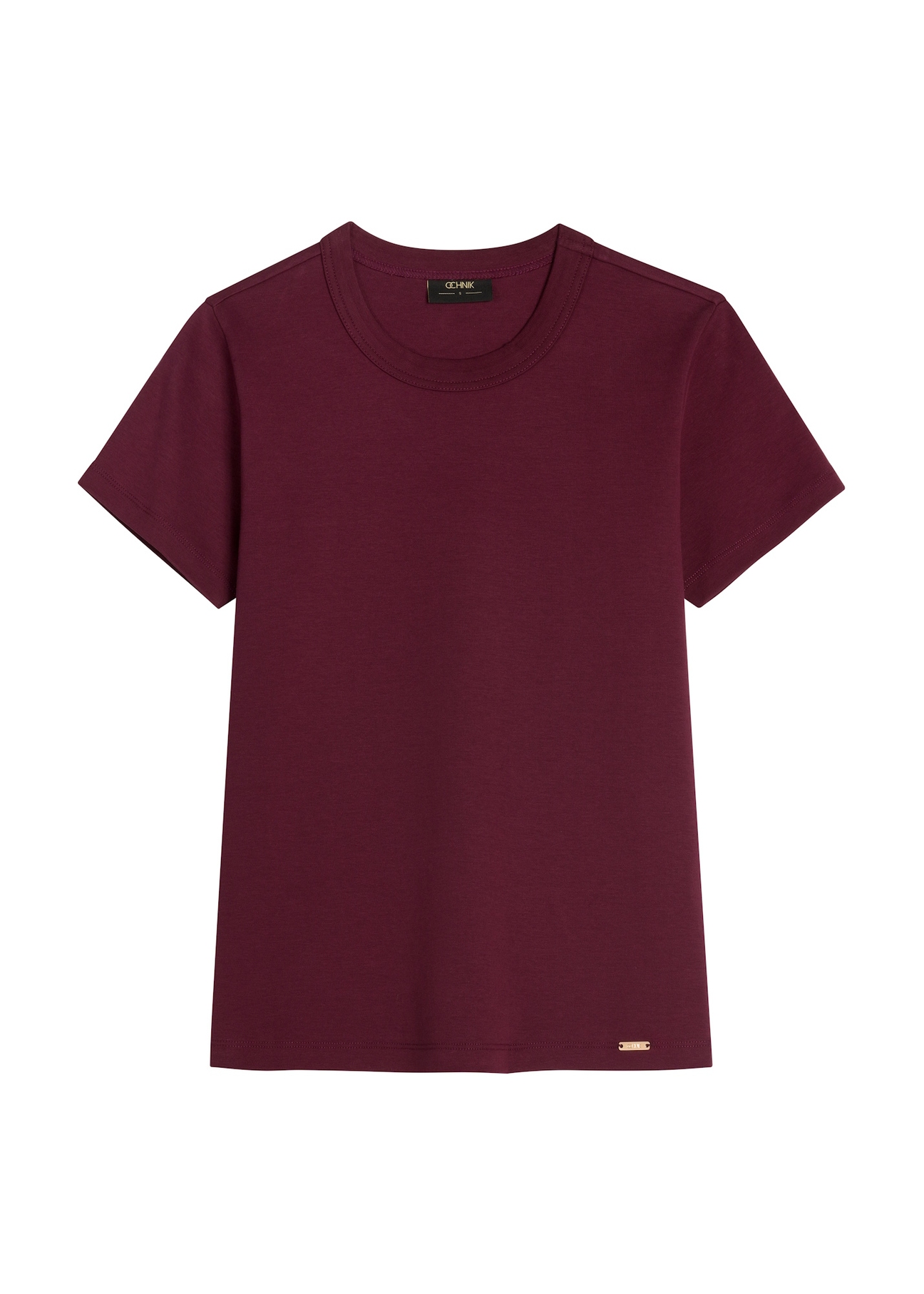 Bordowy bawełniany T-shirt damski TSHDT-0144-4D(Z26)-1H(Z26), widok produktu z przodu  na jasnym tle.
