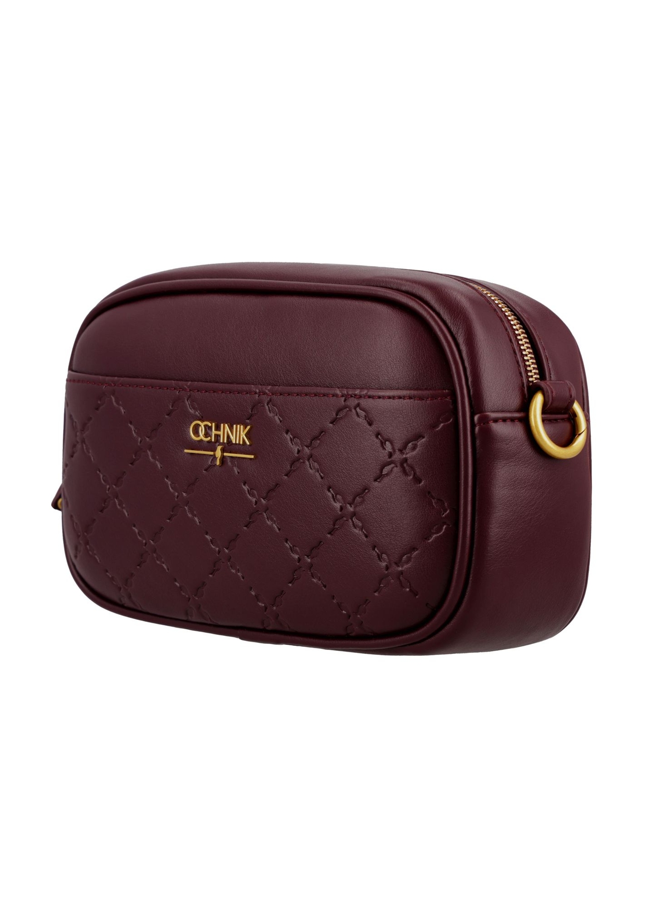 Bordowa mała torebka damska TOREC-1285-4P(Z26) - widok skosu produktu, na białym tle. 