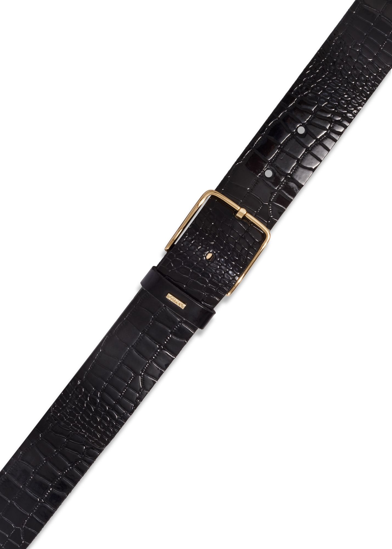 Czarny skórzany pasek damski croco PASDS-0357-9G(Z26) - zbliżenie na detal, na białym tle. 