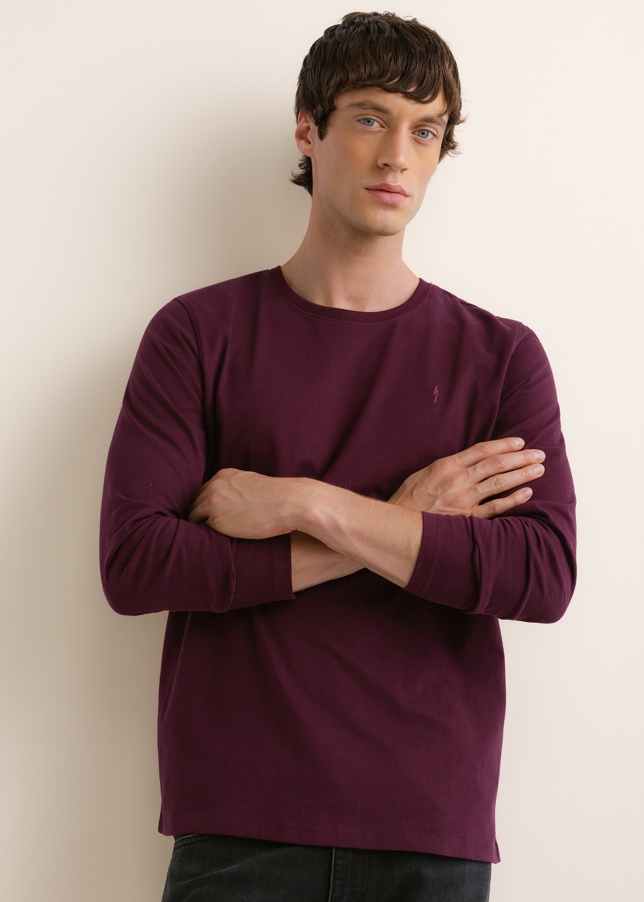 Bordowy bawełniany longsleeve męski LSLMT-0013-4D(Z26), widok produktu z przodu na modelu. Widoczna połowa sylwetki.
