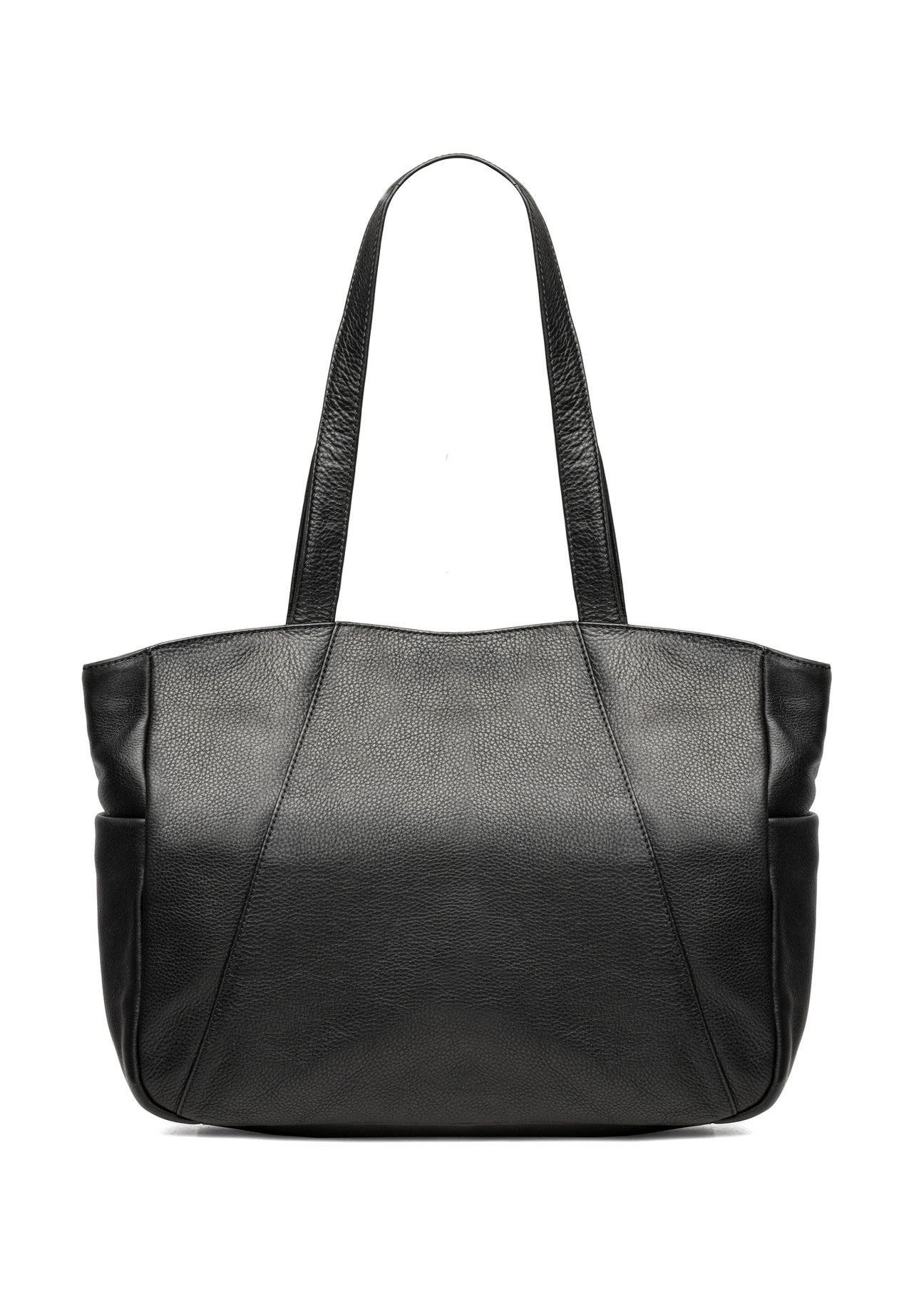 Czarna skórzana torebka shopper damska TORES-1255-99(W26) - widok produktu z tyłu, na białym tle. 
