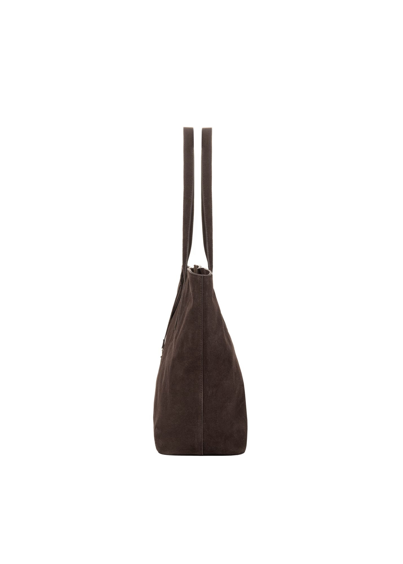 Brązowa torebka damska typu shopper TORES-1407-1I(Z26) - widok produktu z boku, na białym tle.