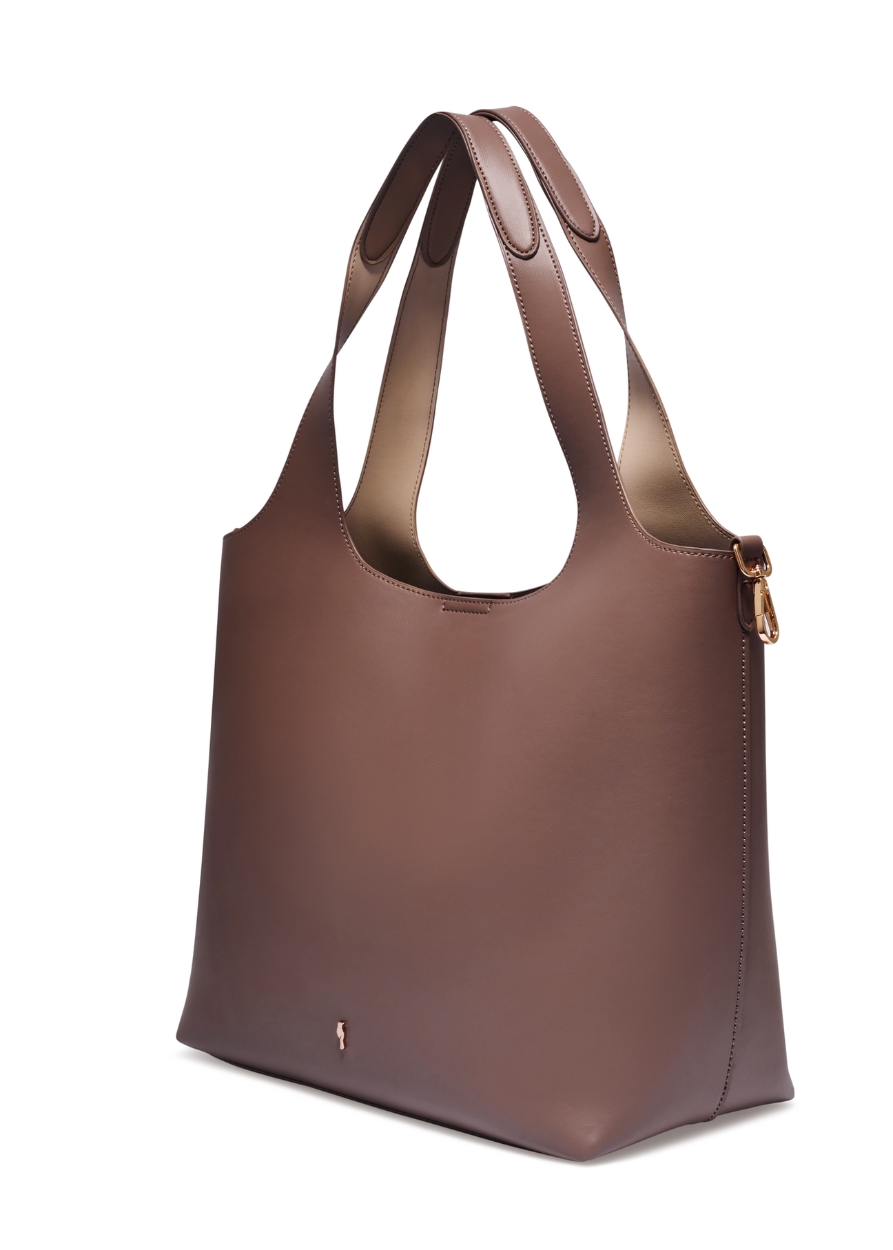 Brązowa torebka shopper damska TOREC-1259-1H(Z26), widok produktu skosem na białym tle. 