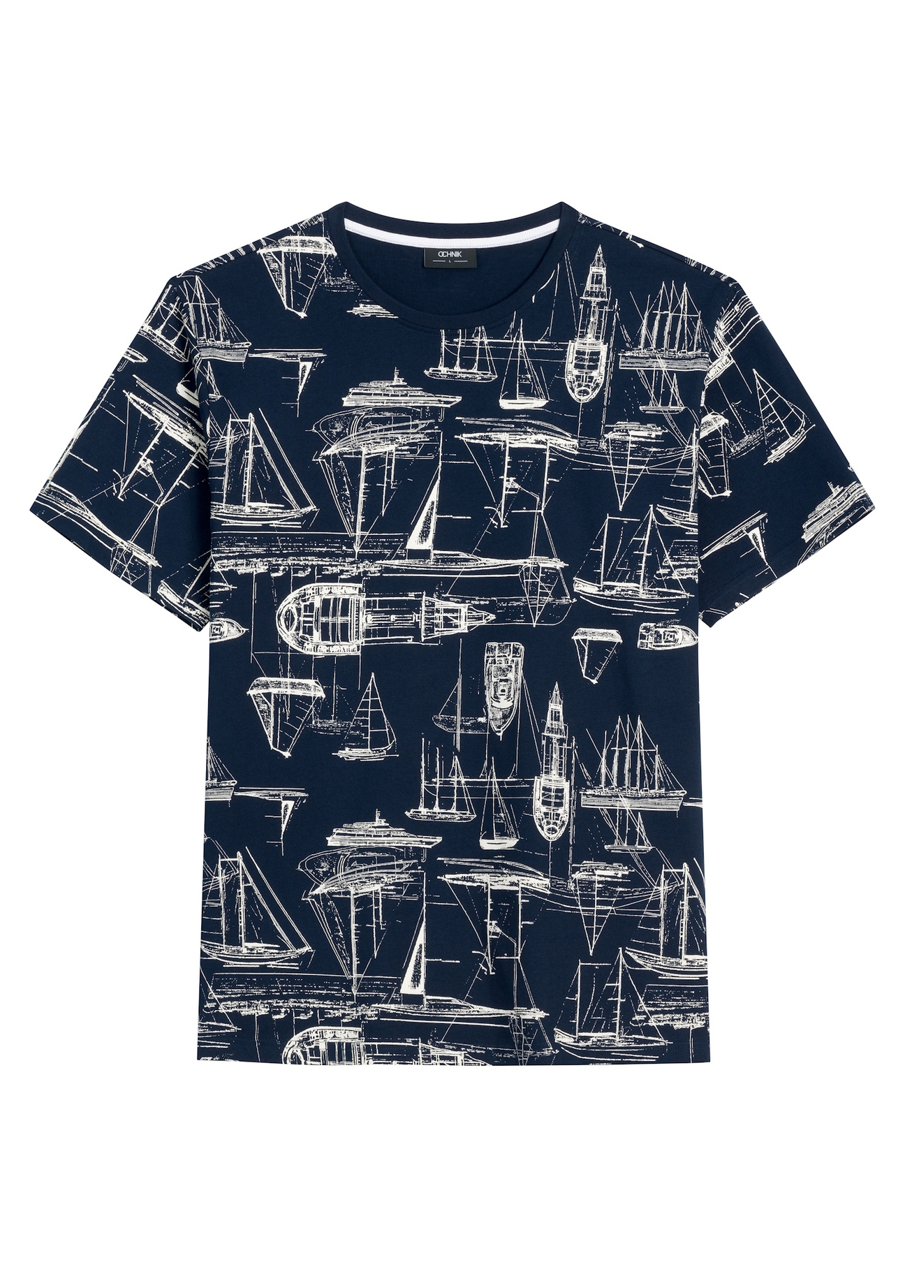 Granatowy t-shirt męski z grafiką TSHMT-0148-7E(W26) - widok produktu z przodu, na białym tle. 