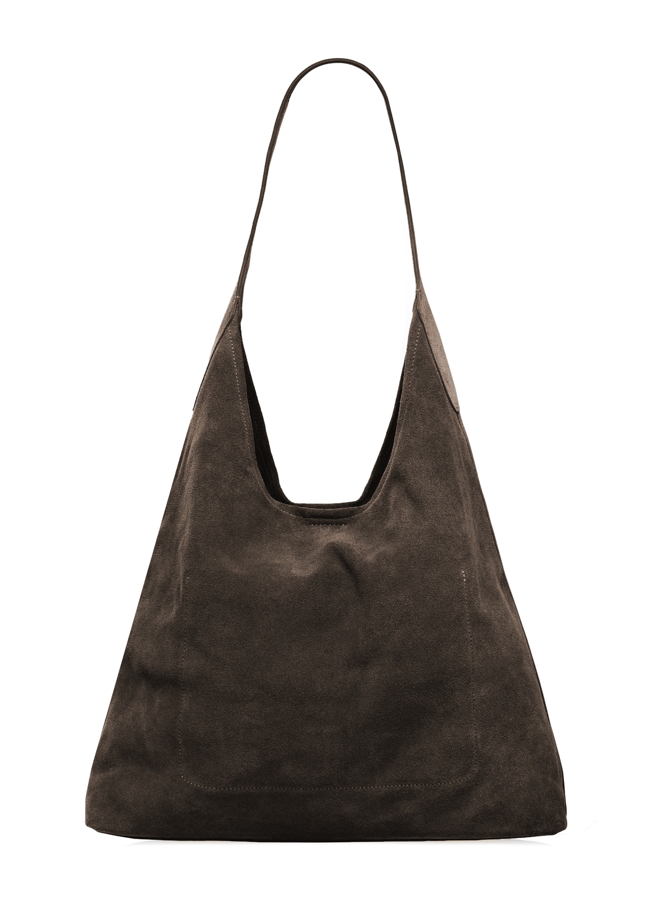Skórzana torebka shopper w kolorze ciemnobrązowym TORES-1307-1I(W26), widok produktu od tyłu na białym tle.