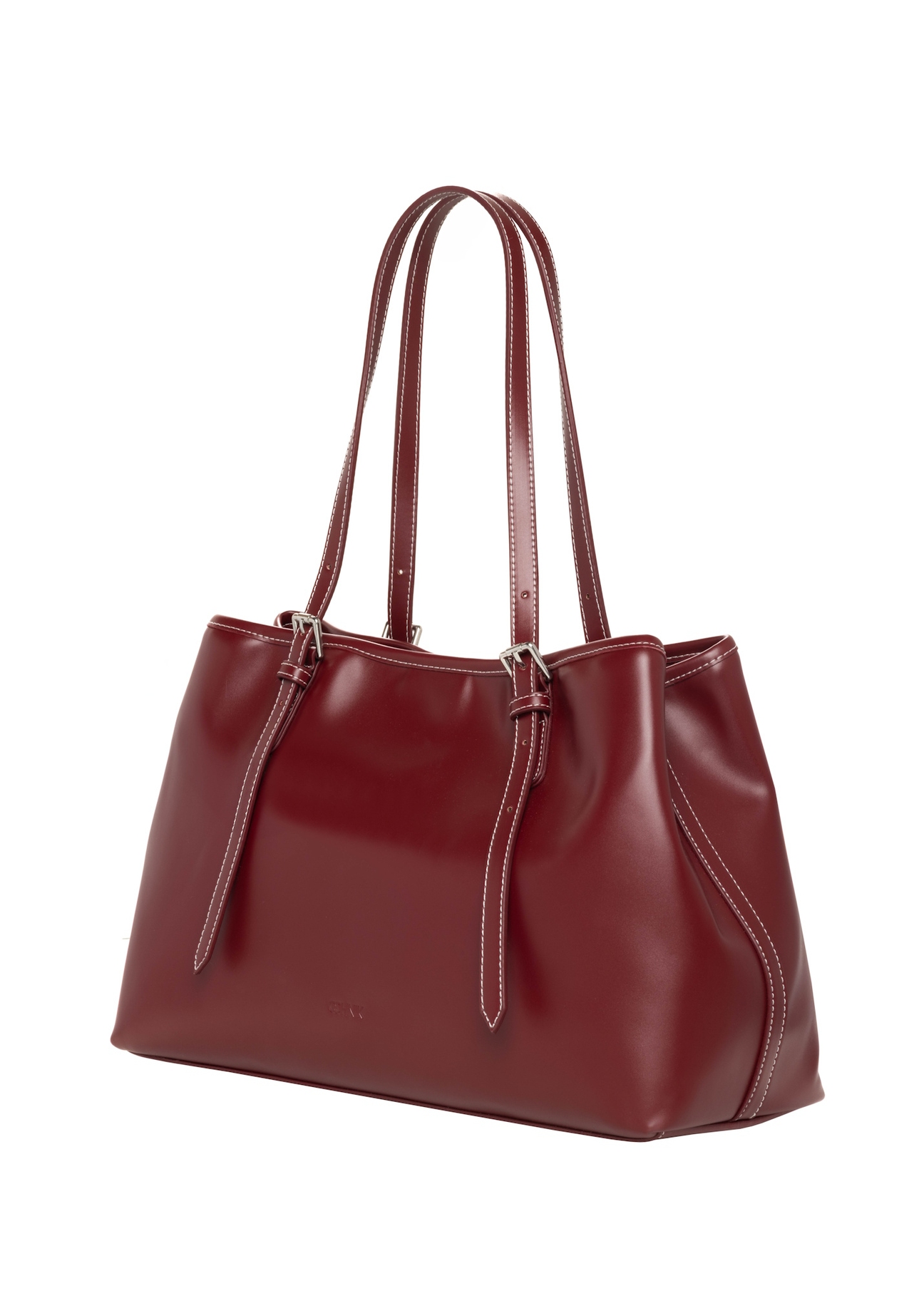 Bordowa duża torebka shopper TOREC-1381-4C(Z26), widok produktu skosem na białym tle.