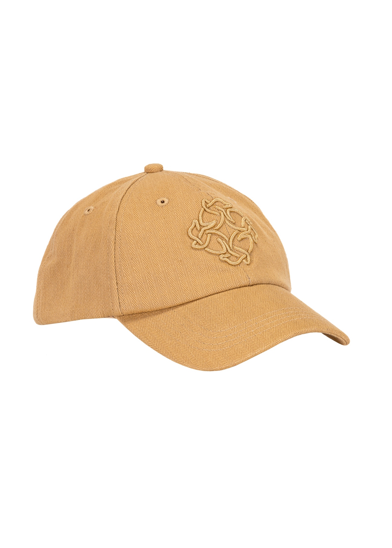 Ciemnobeżowa czapka z daszkiem z logo CZALT-0012-24(W25), widok skosu produktu na białym tle.