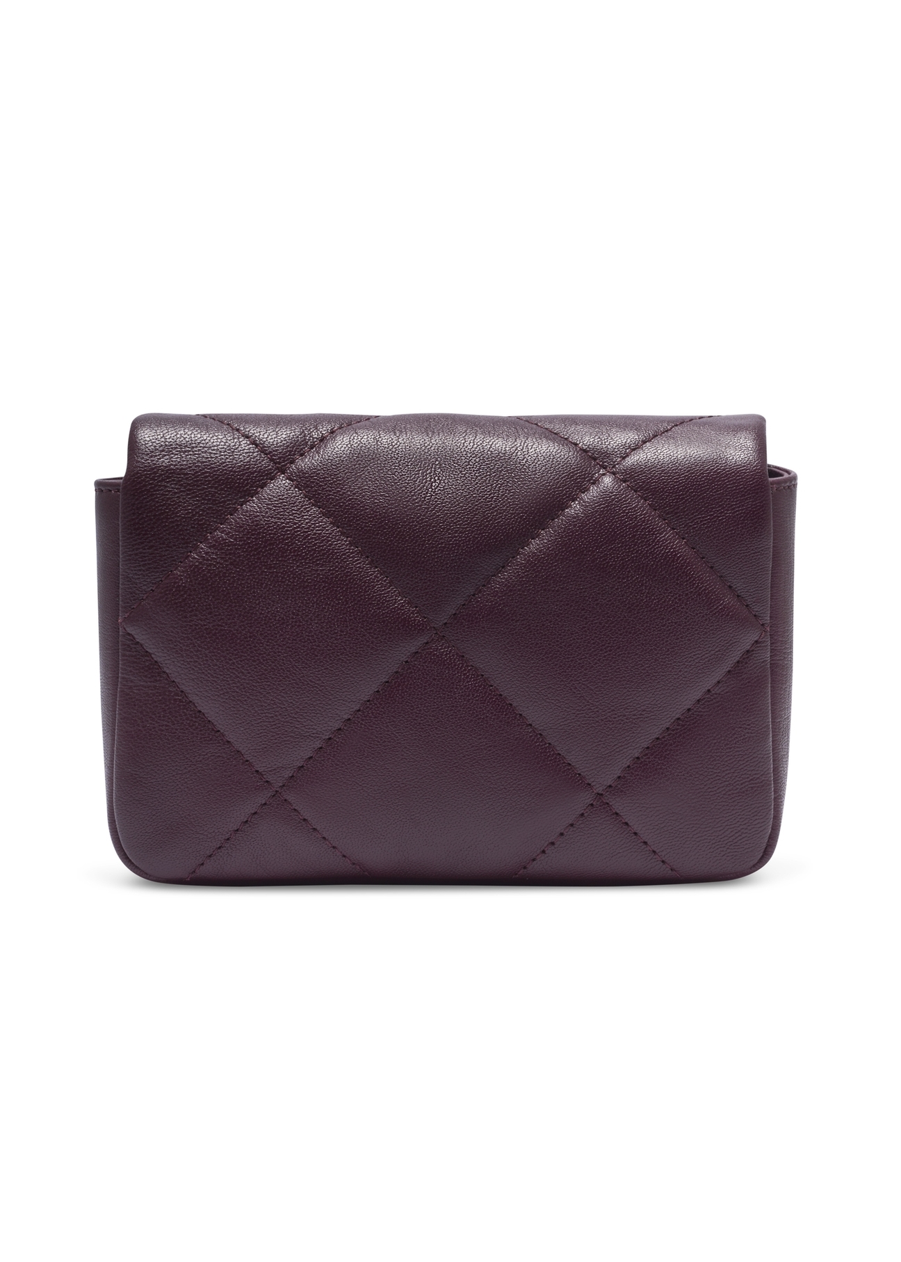 Mała bordowa skórzana torebka damska TORES-1364-4D(Z26), widok produktu z tyłu na jasnym tle.

