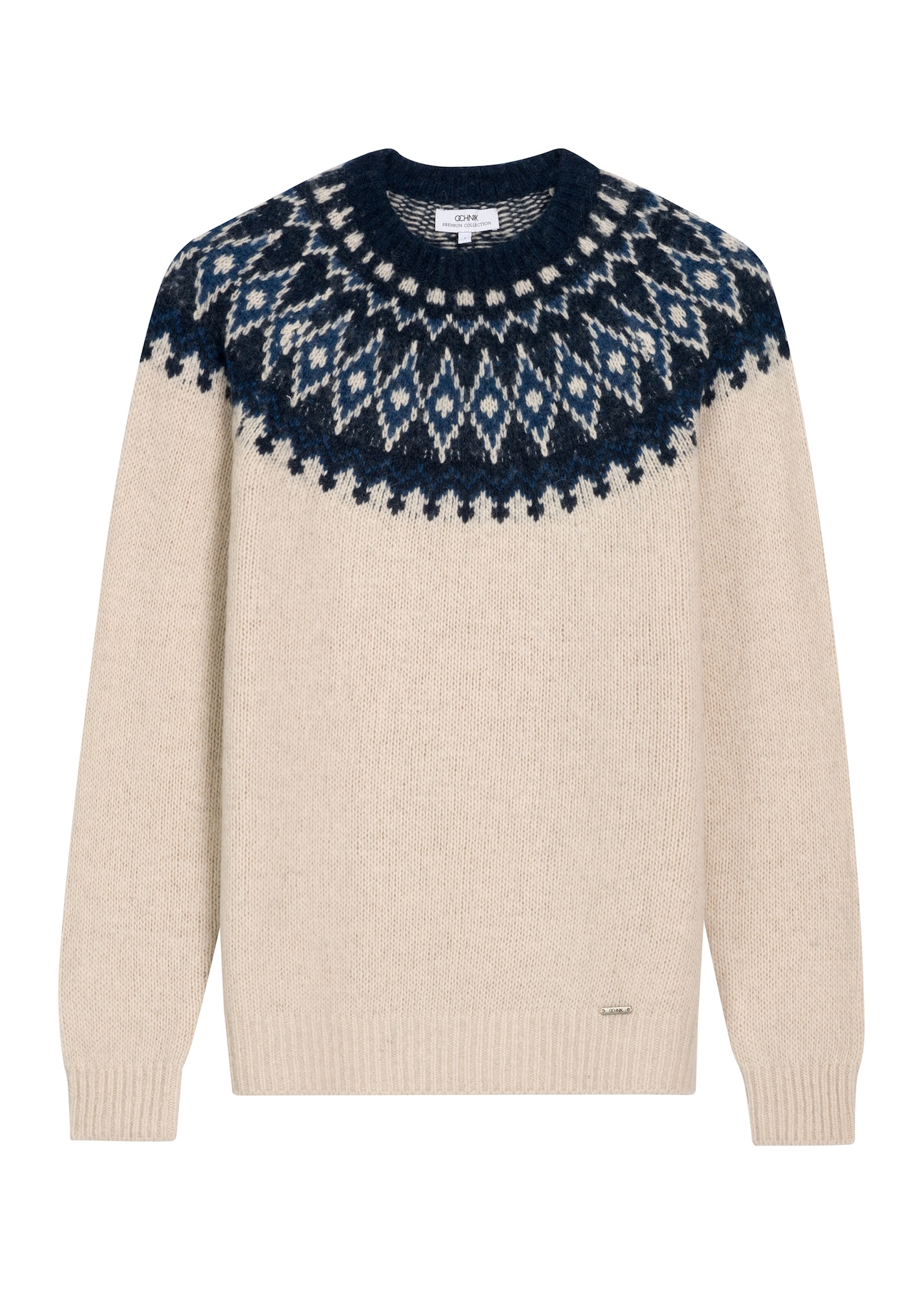 Jasnobeżowy sweter męski z wełny SWEMT-0213-1A(Z26), widok produktu z przodu na białym tle.