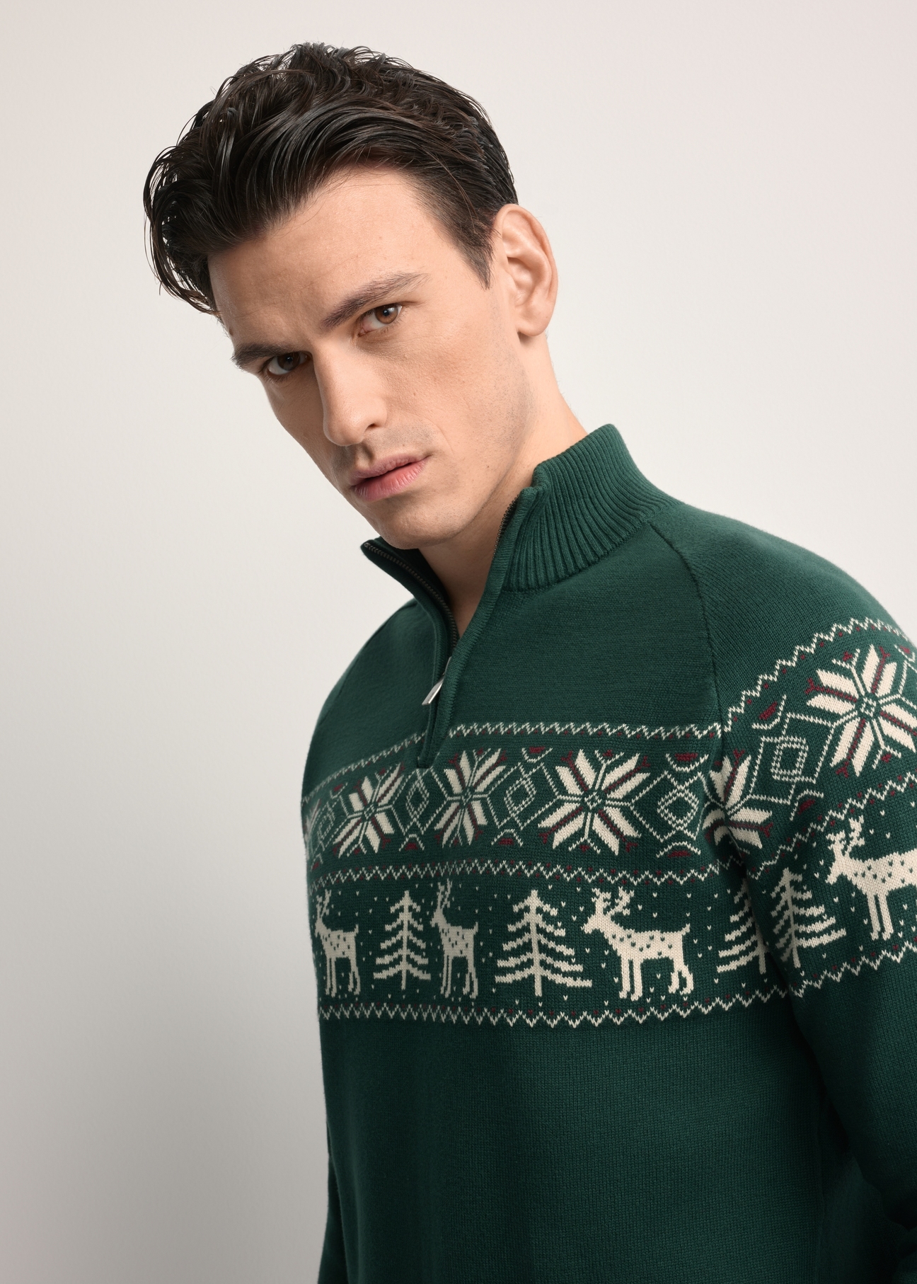 Zielony sweter męski z bawełny SWEMT-0178-54(Z25), zbliżenie na detal produktu na modelu.