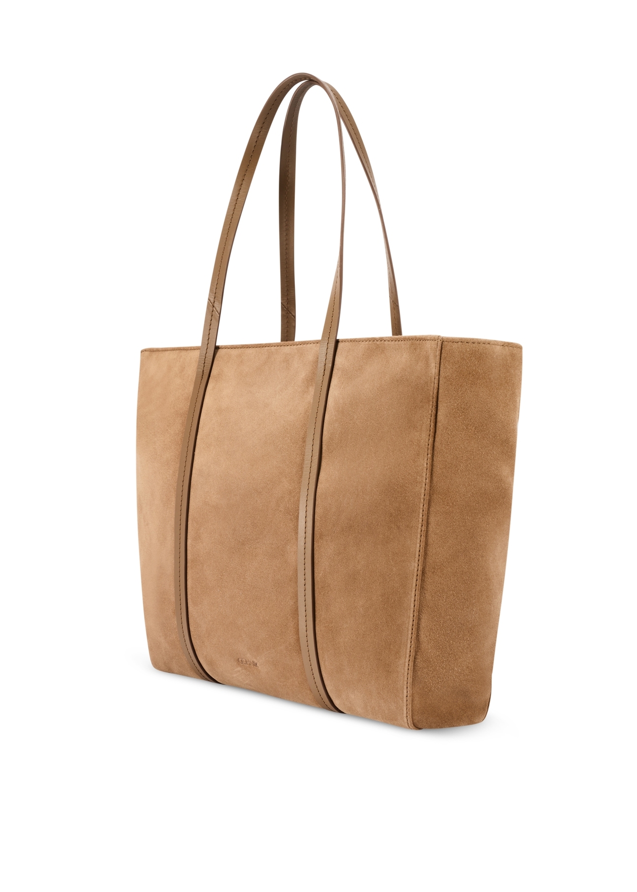 Beżowa zamszowa torebka shopper damska TORES-1248-1B(W26)- widok produktu po skosie, na białym tle.  
