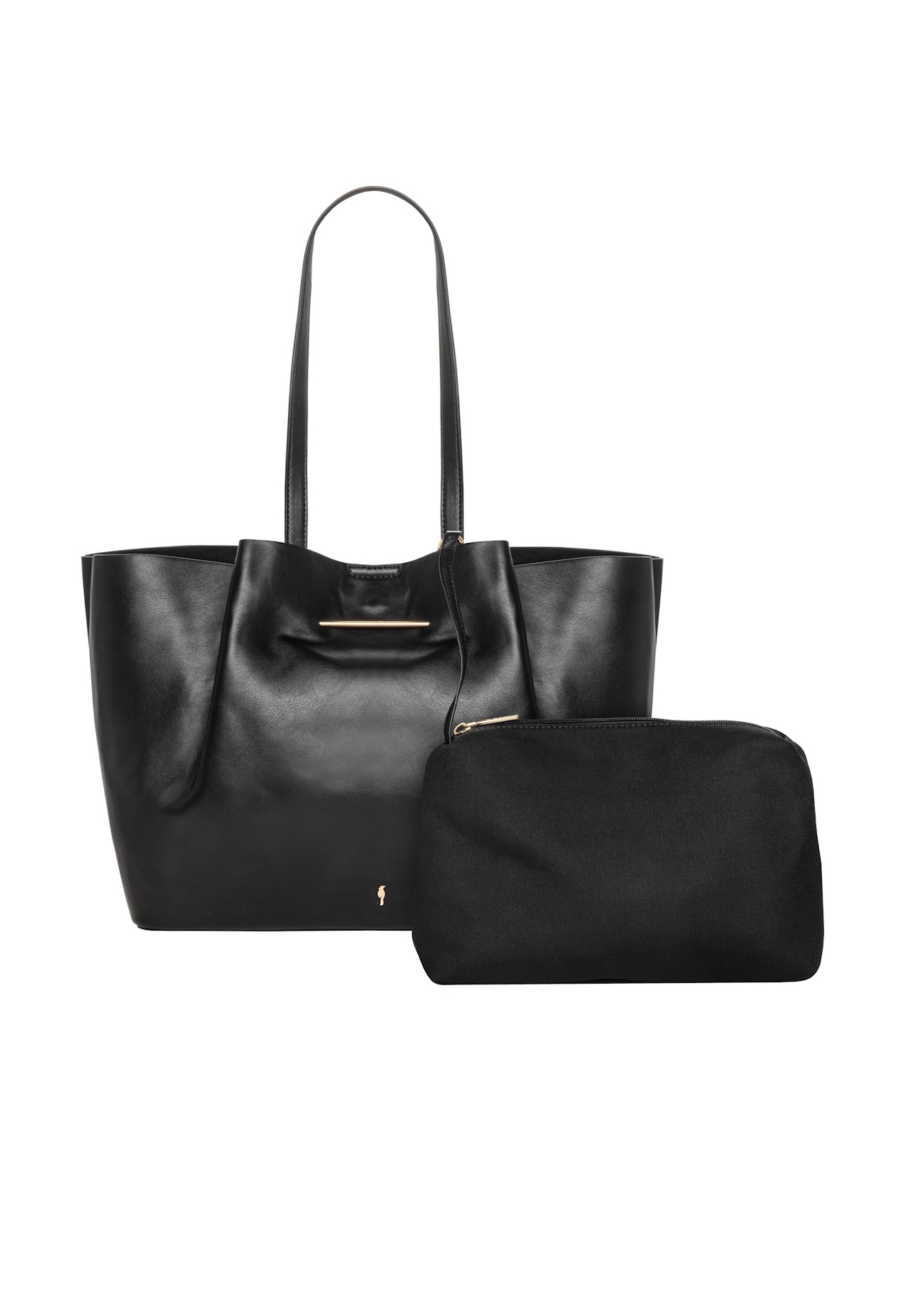 Czarna duża torebka shopper TOREC-1386-99(Z26), widok produktu z kosmetyczką na białym tle.