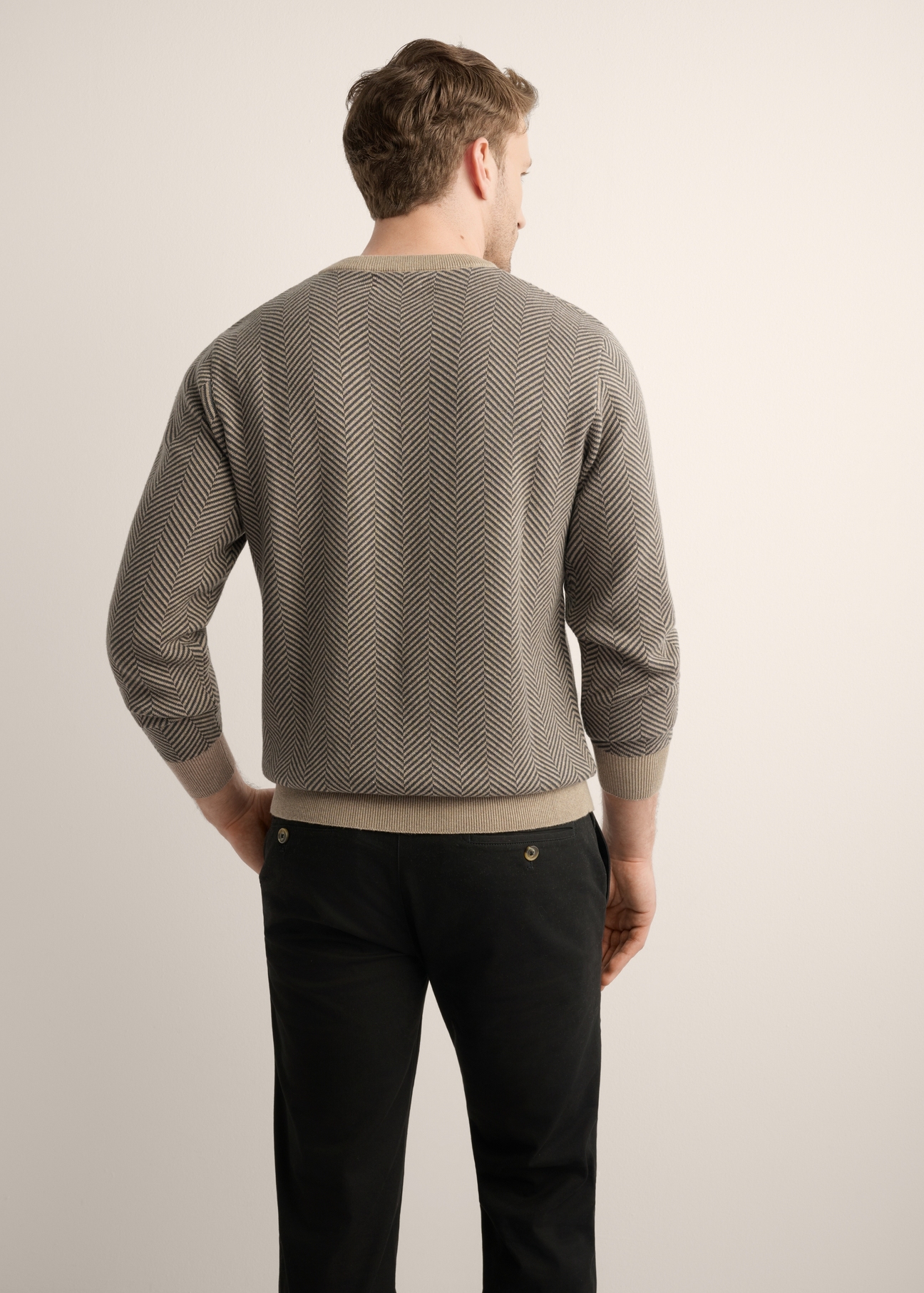 Ciemnobeżowy sweter męski we wzory SWEMT-0195-1D(Z26), widok produktu z tyłu na modelu. Widoczna połowa sylwetki.