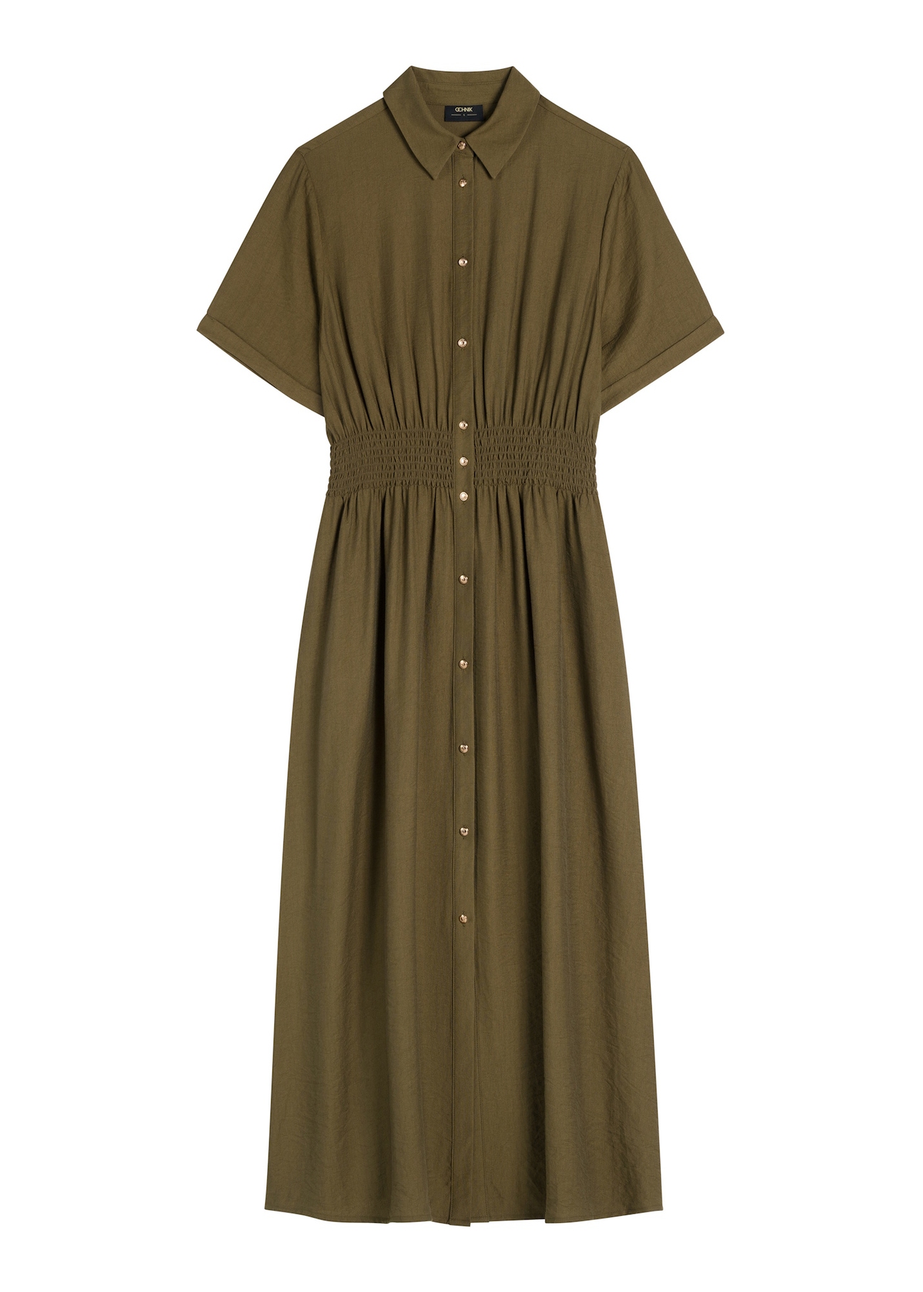 Sukienka midi w kolorze khaki SUKDT-0257-8D(W26), widok produktu z przodu na białym tle.