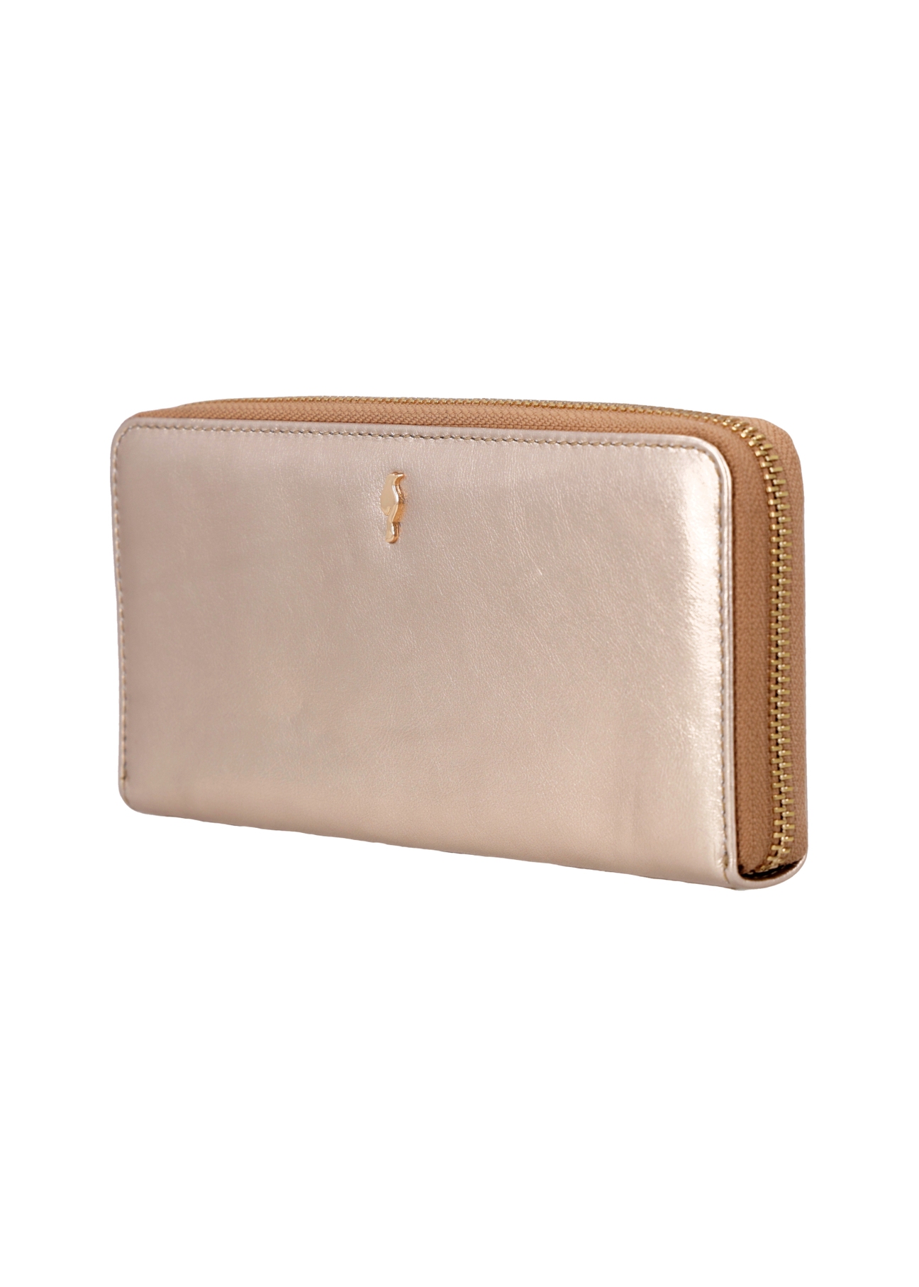 Duży, skórzany portfel damski w kolorze złotym PORES-1028-2X(Z26), widok produktu skosem na białym tle.