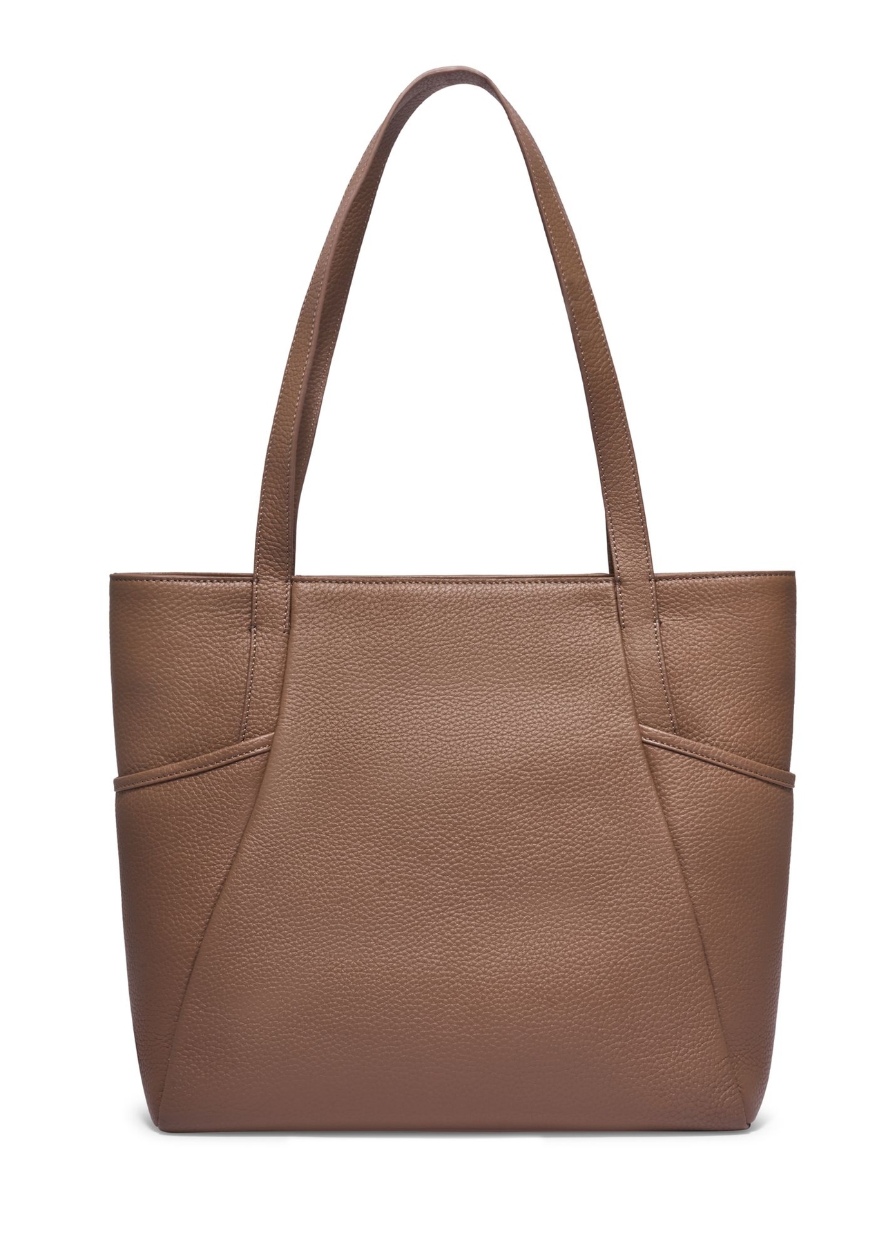 Skórzana torebka shopper w kolorze chłodnego beżu TORES-0980-1K(Z26) - widok produktu z tyłu, na białym tle.
