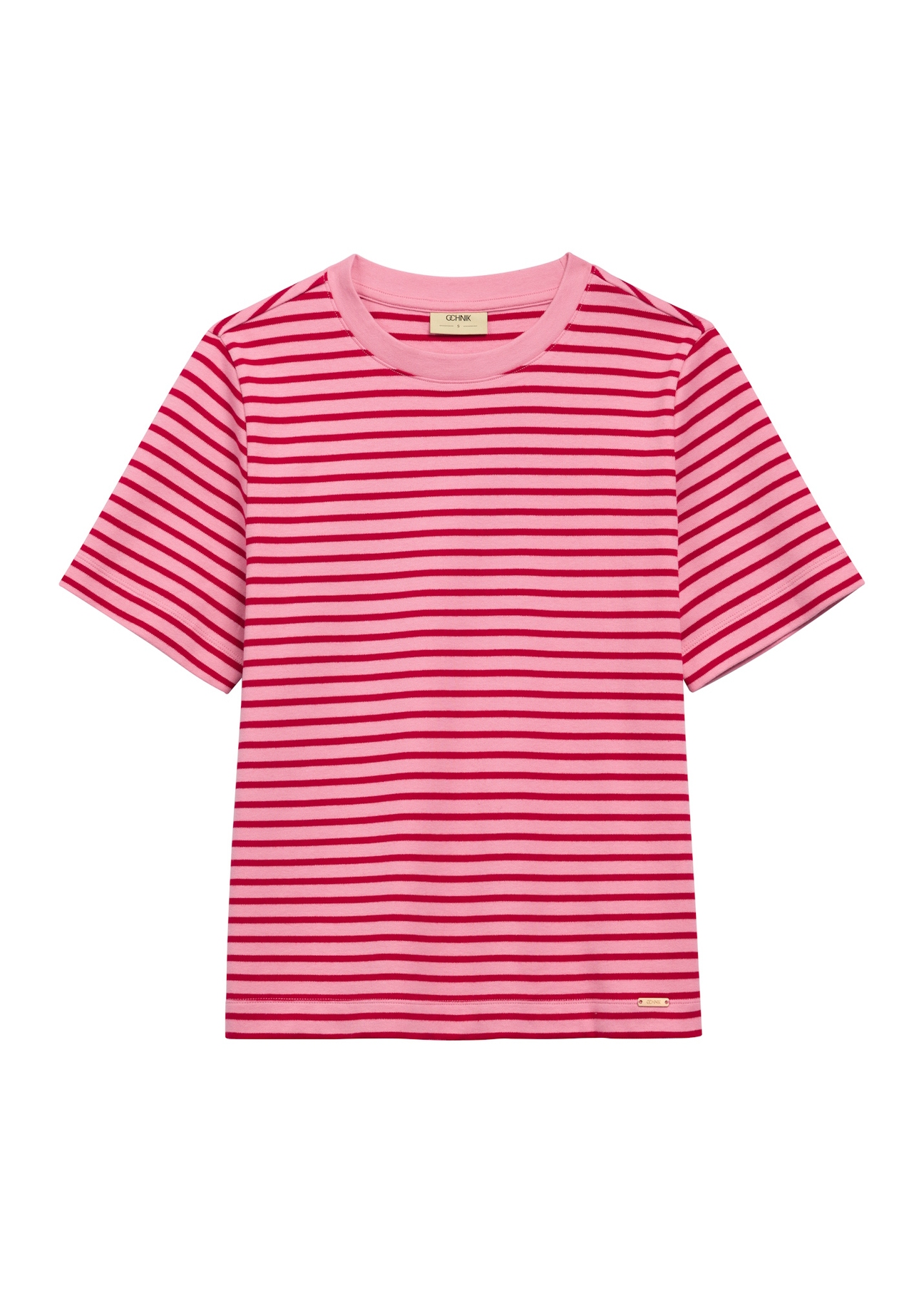 Różowy T-shirt damski w paski TSHDT-0150-5P(W26), widok produktu z przodu na białym tle.