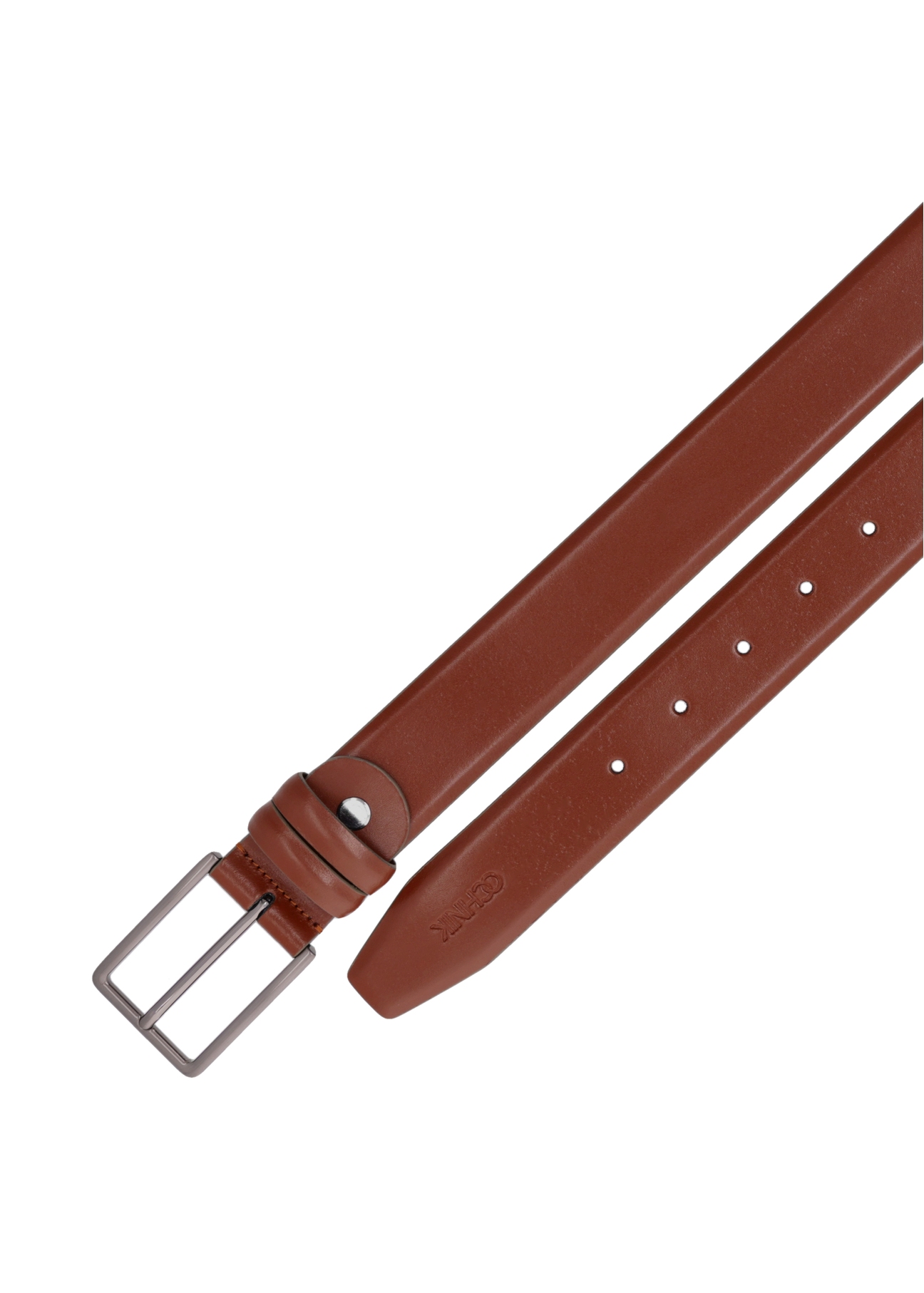 Koniakowy skórzany pasek męski PASMS-0284-1F(Z26), widok produktu z góry na białym tle.